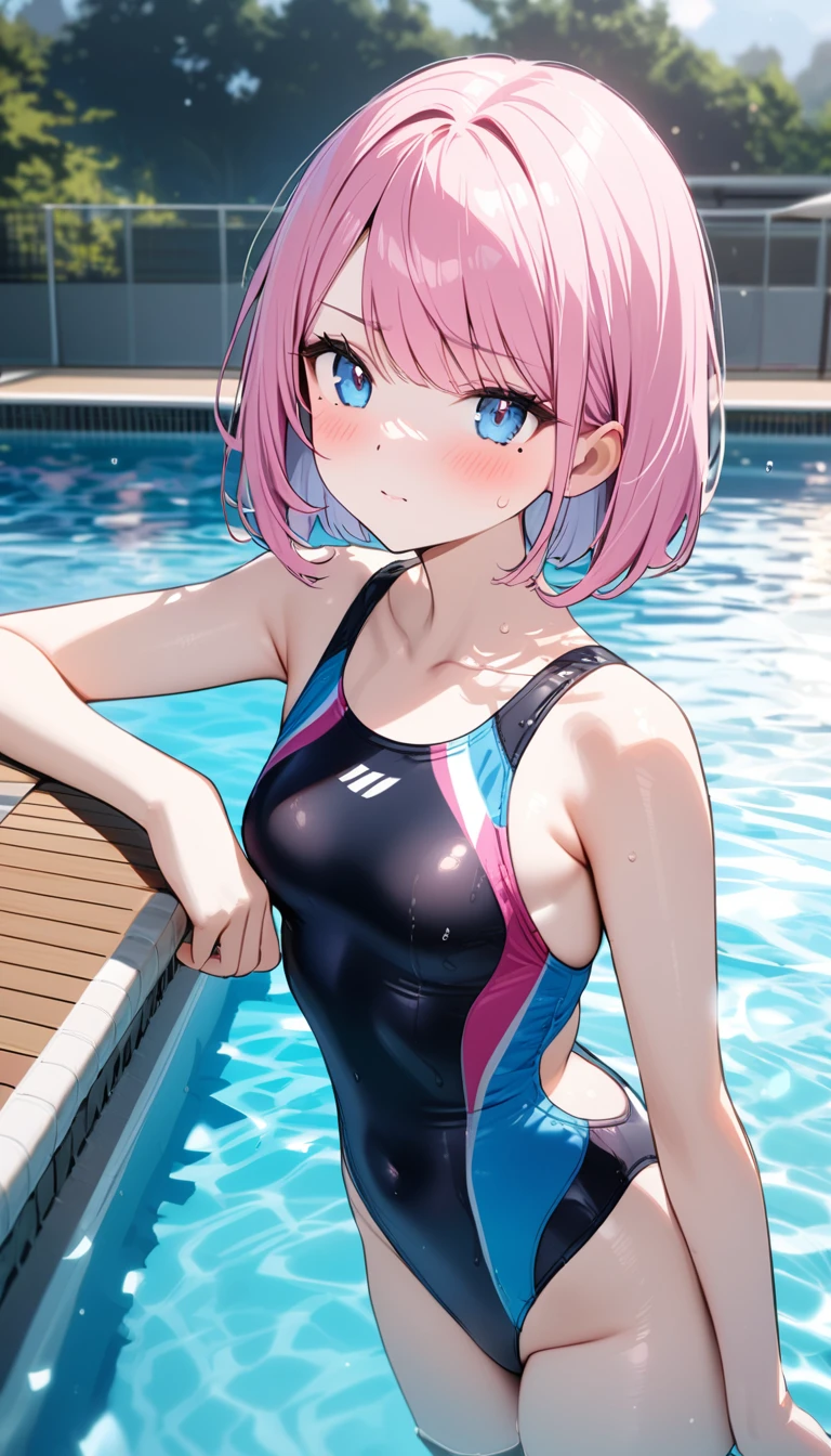 (1 girl),(Best Picture Quality, 8K, Masterpiece:1.3), (high school student:1.5), ((pink lob hair:1.1)), (bob cut),(swept bangs), (cute eyes, pupil black, iris skyblue, youthful face), (mole under right eye), (standard weight), (small breasts),(big hip), (glistening skin:1.2),(pale skin:1.2),(serious:1.3),BREAK,((competition swimsuit)), ((swimming pool)),(magnificent view),