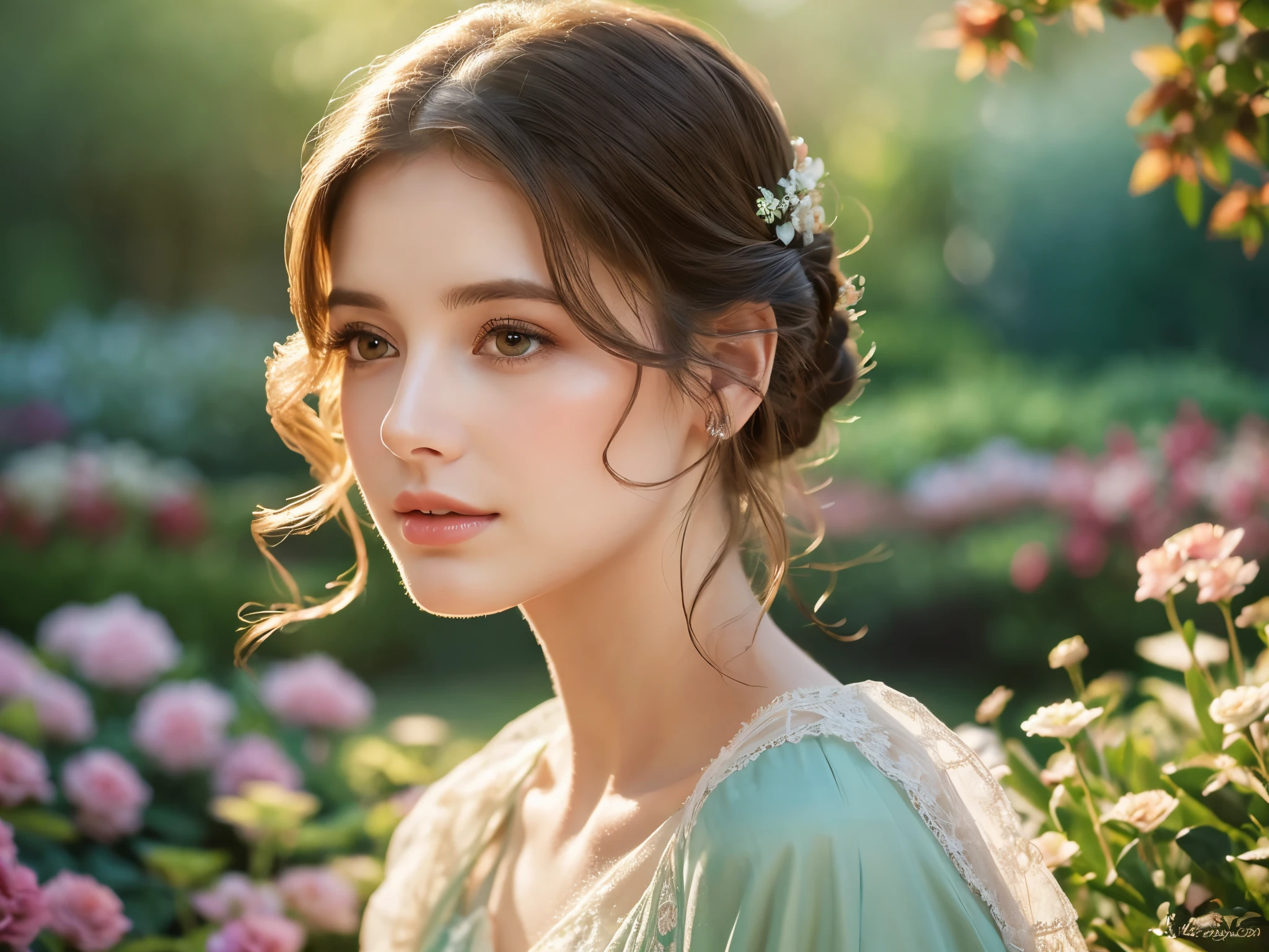 A beautiful girl in a garden, detailed eyes, detailed lips, long eyelashes, delicate skin, elegant dress, serene expression, vibrant colors, natural light, soft bokeh, intricate details, cinematic lighting, dreamlike atmosphere, digital painting style, masterpiece, photorealistic, 8k, best quality