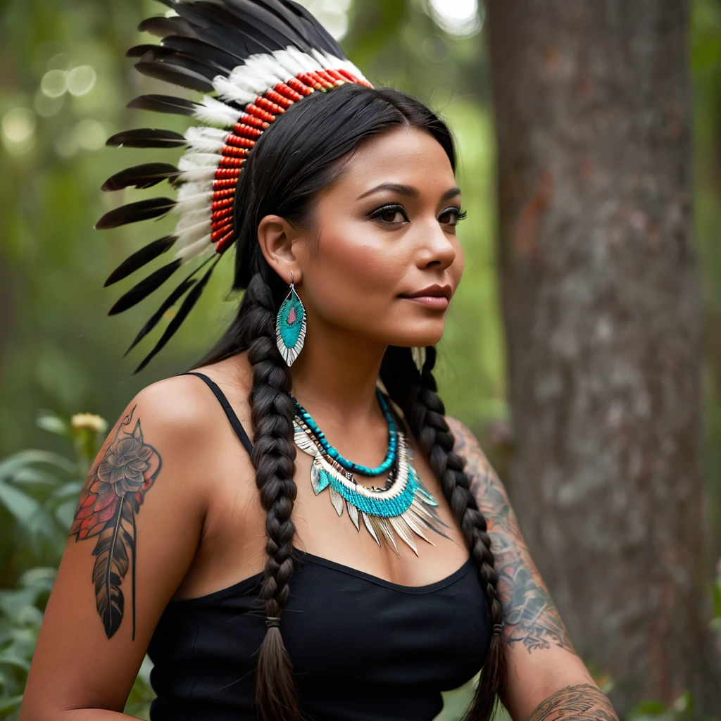 Realistic image of a beautiful native American woman sitting next big trees and flowers, alone, with long hair, looking at the viewer, black hair, brown eyes, jewelry, braid, earrings, dark skin, necklace, mole, dark-skinned woman, lips, tattoo, feathers, headdress, facial tattoo, Native American,