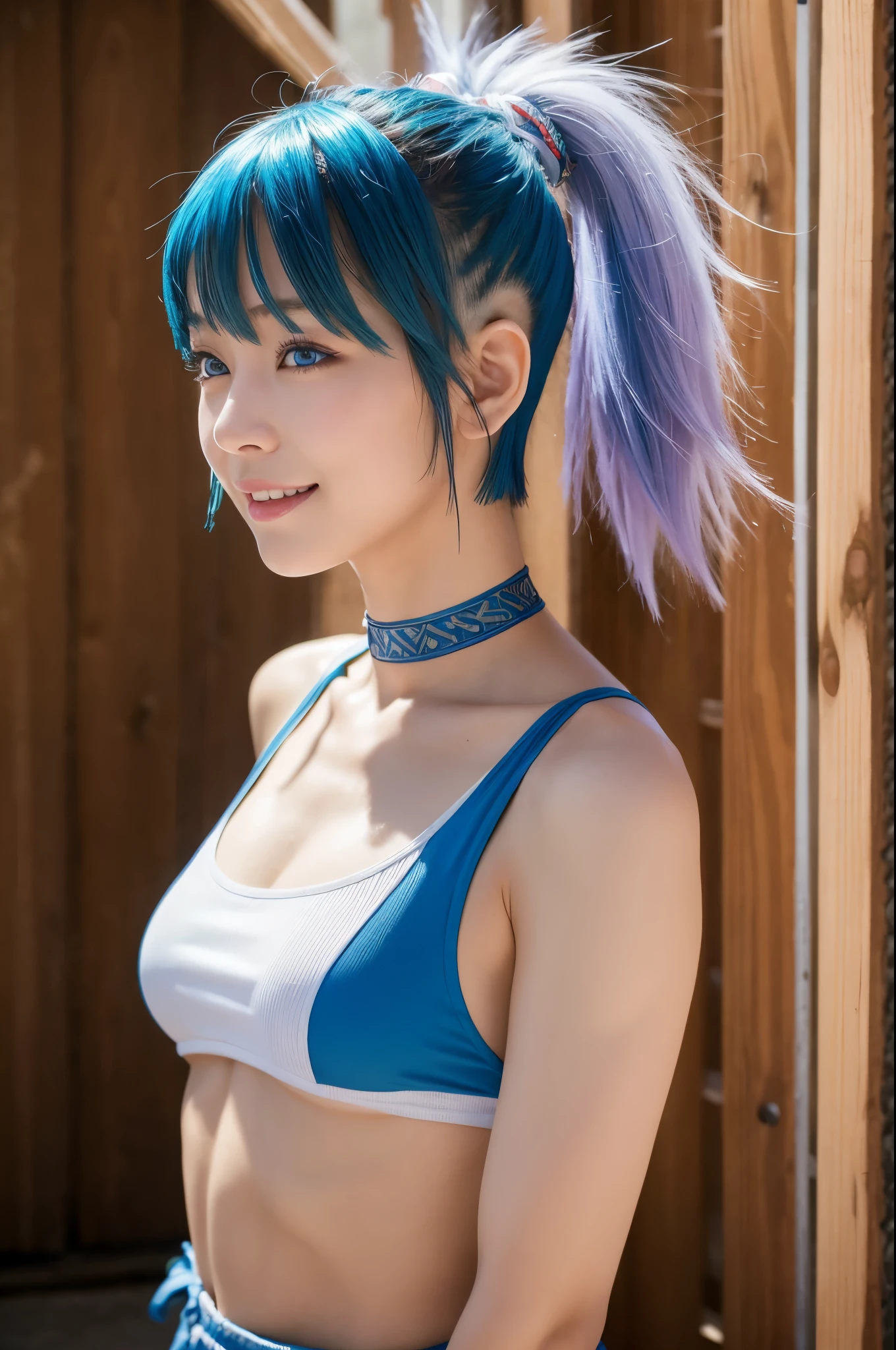 8k,非常に大きな胸と非常に大きな胸を持つアラフィフのwoman, Very detailed, so beautiful(Like the real thing),Shining Eyes,Pale skin(Ultra-Realistic Skin),smile,Muscular and macho、そしてスレンダーボディの悪魔のようなwoman,Short blue mohawk(Blue Shorthair),woman'My abdominal muscles are severely torn,Fan Art Best Art Station, うわー and Types of bacteria, Types of bacteria, 2. 5d cgi anime Fantasy artwork, High quality and detailed art, Up to the model ,Photorealistic RAW photos of the highest quality。so beautiful(Like the real thing顔) Bright colors、完璧なwomanのイメージ,Art Station Trends、masterpiece、Fantasy art、Ultra-high resolution,,Mr..々Pause,charm,sexy,Rich colors, Backlight, Cinema Lighting, Film Grain, to be born, 50mm lens, Nikon D850,compensate,Blue and white Arabian breastplate(Detailed Coat of Arms),In front of the ruins in the forest,View your viewers,Numerous tattoos all over the body(Accurate tattoo details),,Lean and muscular lower body,Blue and white sarouel pants,Big eyes,Muscular Beauty,Bodybuilding,