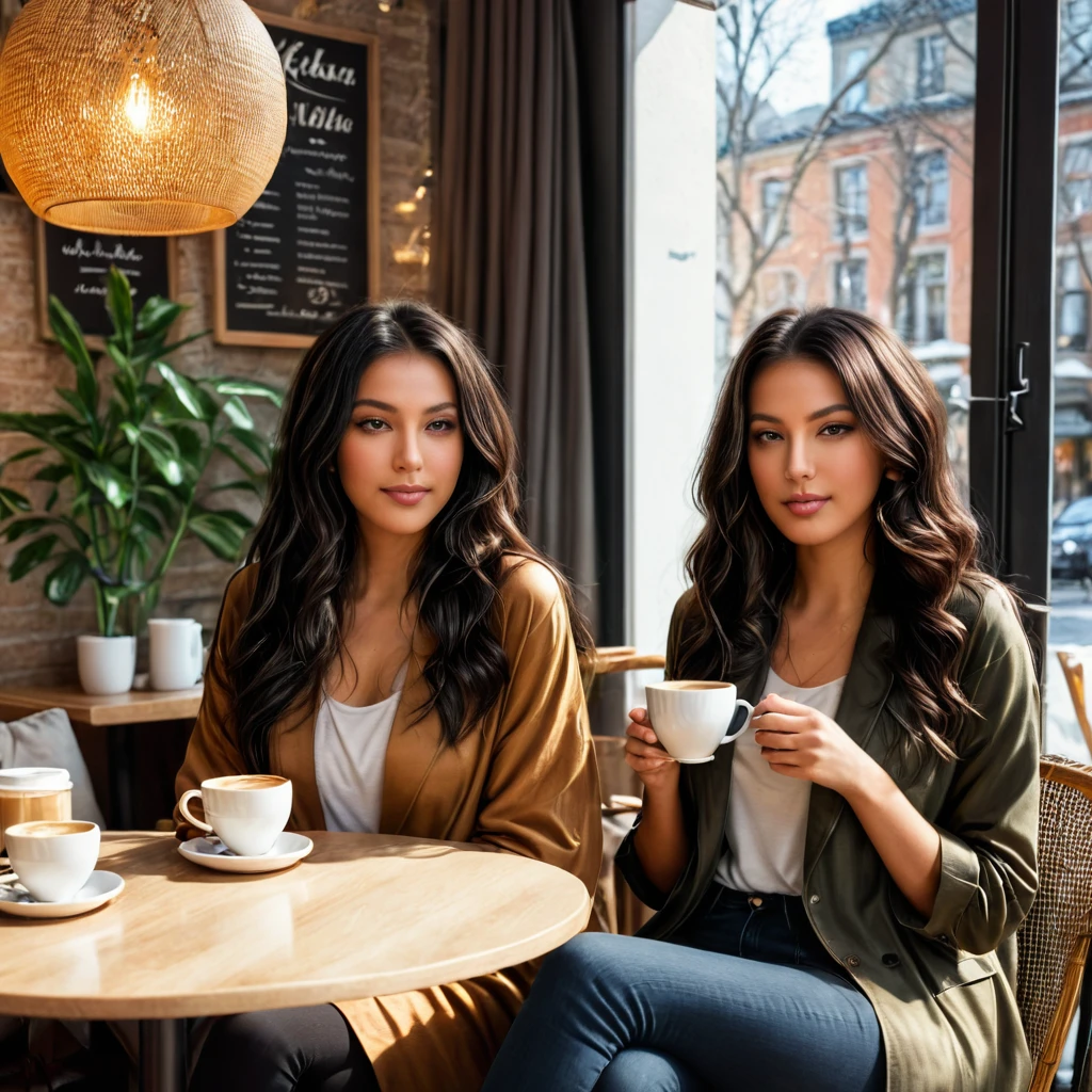 Anikaxxx sitting at a cozy café, enjoying a cup of coffee with a friend, the friend looking different from Anikaxxx, in a warm and inviting café setting with natural light.