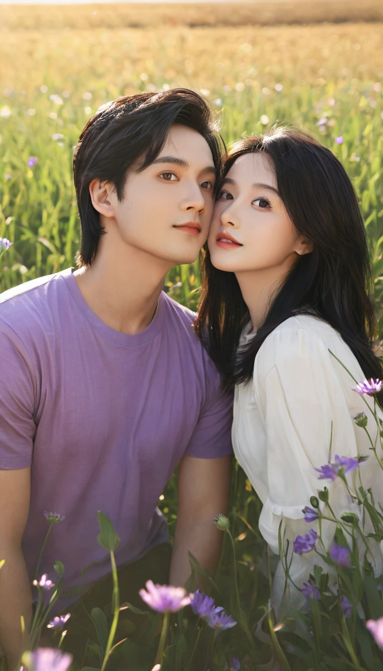 masterpiece, best quality, {best quality}, {{masterpiece}}, {high resolution}, {{{Field Field}}, extremely detailed couple, illustration, couple, 1 boy, 1 Girl, couple, like, like, Romantic, Clear focus, Male focus, feMale focus, Black Hair, Violet eyes, sun, sunlight, Lifting, surprise, envy, t-shirt, Men&#39;s Casual Wear, Poker face, Women&#39;s Fashion, Dungeons, adventurer, Fairy  