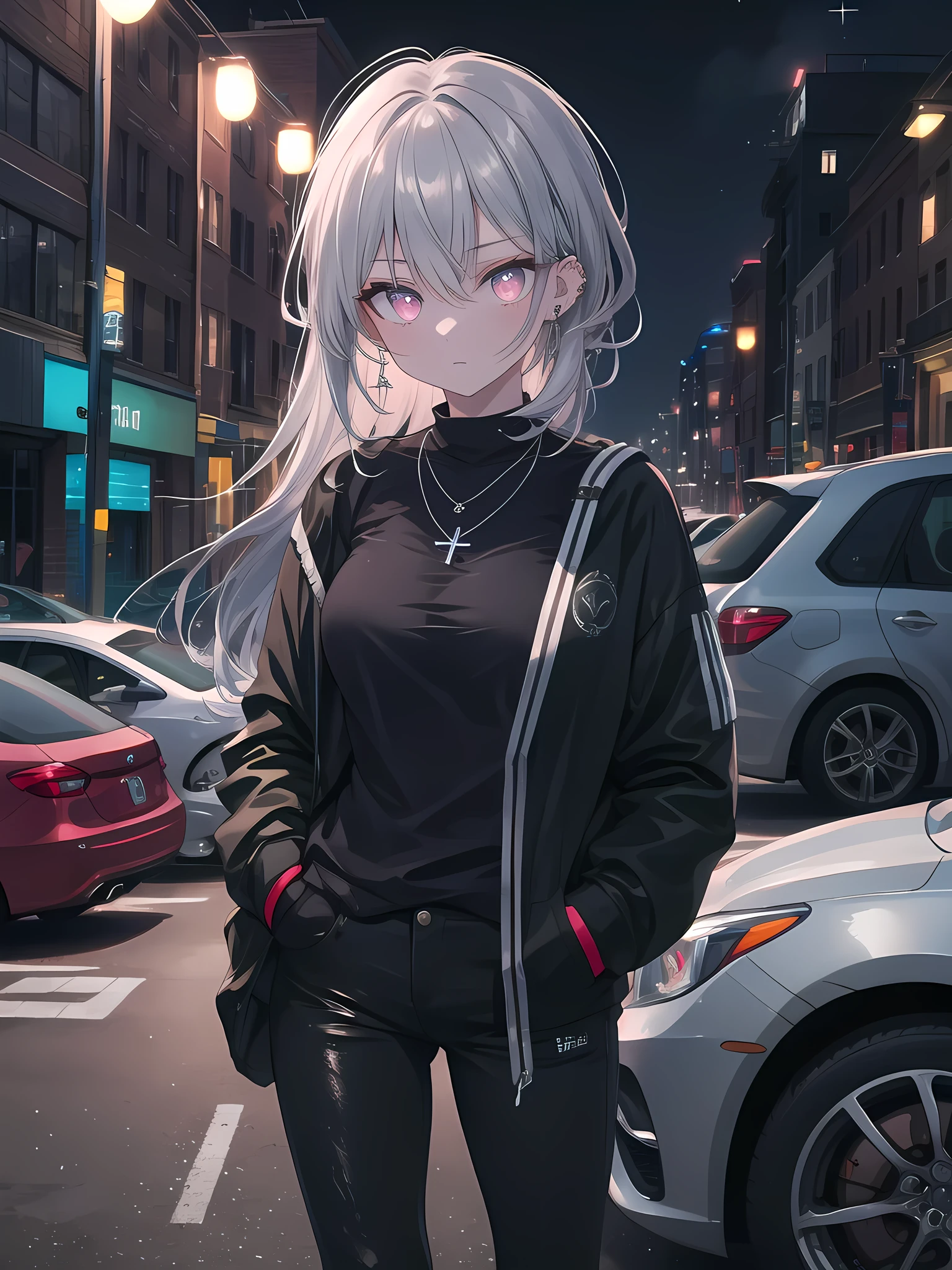 ((8k, best quality, master piece: 1.3)),super high resolution,(1 girl, solo), (colorshift eyes, hyperdetailed, expressive sparkling, glitter, glowing eyes), ultra detailed eyes, ultra-detailed face, random hair, ((pastel color)),A delinquent girl. The background is a parking lot at night, with several old cars parked there. The girl has a rock style, wearing black leather pants and a tank top. The tank top is simple black, and a silver chain necklace shines on her chest. The angle is set to a bust shot so that her expression can be seen well. The girl has a cool, expressionless face, and her big eyes calmly look around her surroundings. Her skin is a healthy olive color, and a silver piercing shines in her nose. Her hair is long and undercut, with only the top part hanging down. Her hair is jet black, and it shines glossily in the light.

She holds a cigarette in one hand and the other hand is in her pocket. She stands relaxed, but there is something wary about her. In the background are old cars, the dim parking lot lights, and the city lights visible in the distance. The parking lot is littered with trash and graffiti, giving the overall atmosphere a desolate one.

The texture of the girl's pants, the details of her hair, and the shine of her necklace are depicted in detail. The dim lighting brings out her cool expression, recreating a dark and eerie atmosphere overall. Her calm gaze and relaxed posture give the impression of the strength and loneliness of a delinquent girl.