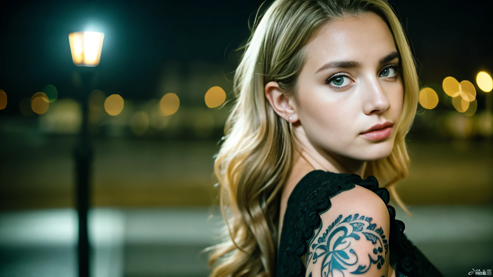tatuados,Beautiful blonde with big breasts in a black dress、(Back tattoo、Many tattoos on both arms and neck)、 (Midnight Prison、walk),Candlelight only,Very detailed, 21 years old, Innocent face, Wavy Hair, blue eyes, High resolution, masterpiece, Highest quality, Intricate details, Very detailed, Clear focus, Delicate skin, practical skin texture, texture, Delicate eyes, Professional, 4K, Sad face,despair、 Shot with Canon, 85mm, Shallow and deep, Kodak Vision Color, Exactly, Very detailed, photograph_\(Extremist\), photographpractical, practical, Post-processing, Maximum details, Roughness, Real Life, Extremist practical, Photorealism, photographgraphy, 8K Ultra HD, photographgraphy