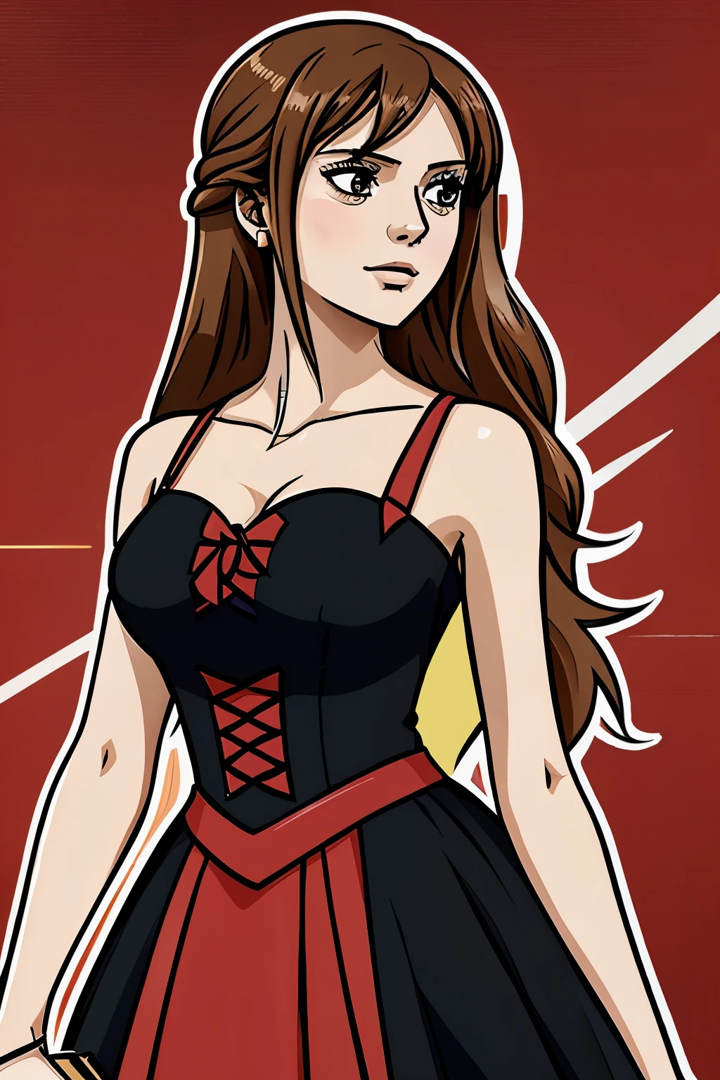 create an illustration of a woman wearing a red and black dress. she have a long hair. the illustration is in an anime style. the background is in a party