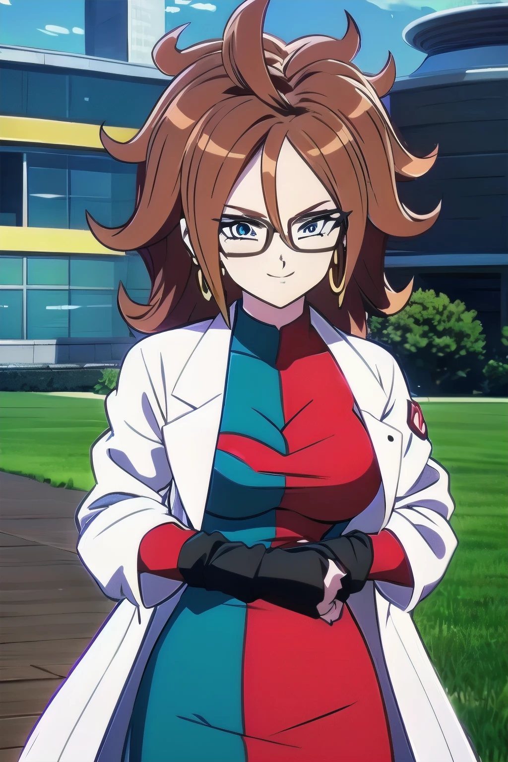 android 21, vomit, 1 girl, android 21, jewelry, Alone, Glasses, earRINGs, by the wide, lab coat, dress, plaid clothes, hoop earRINGs, Brown hair, RING, checkered dress, blue eyes, old, looking at the viewer, medium old, Curly hair, 1 girl, Alone, Upper part of the body, in front of the viewer, looking at the viewer, smile,