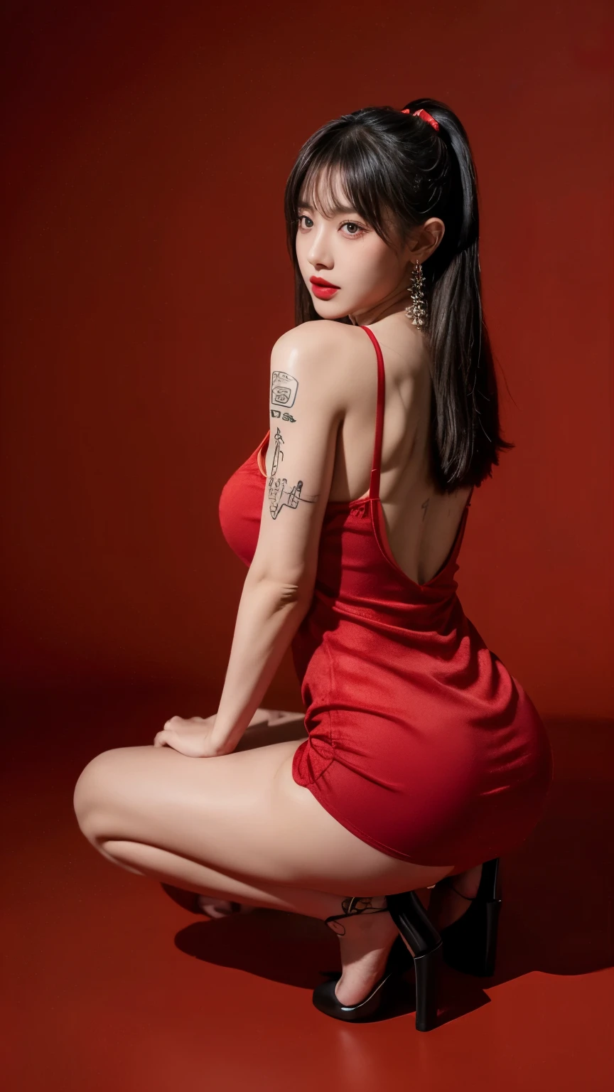 ultra high resolution,((masterpiece))),(((best quality))),((super detailed)),((extremely delicate and beautiful)),(wide shot, wide-angle lens,Panoramic:1.2),super vista,super wide Angle,Low Angle shooting,super wide lens, xuer ai yazawa style girl,1girl,solo,tattoo,natural big breast, red background,red eyes,black hair,chinese clothes,red dress,dress,looking back, from behind,earrings,jewelry,black nails,arm tattoo,stand pose,china dress,red lips,nail polish,bangs,clothing cutout,spread legs,red theme,lips,leg tattoo, (disgust:1.3),(full body:1.4),