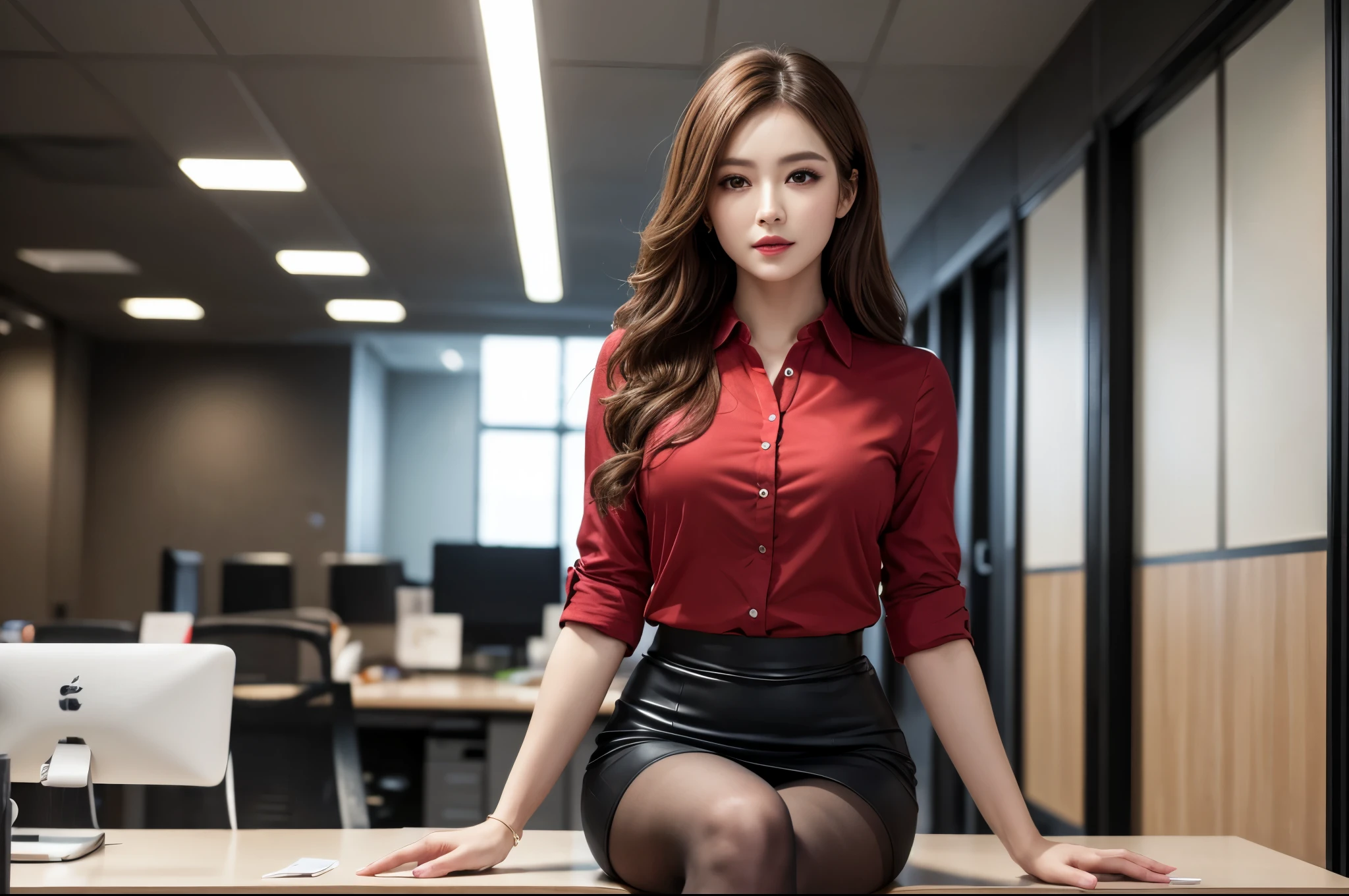 (8k, Ultra-high resolution, The best masterpiece, best quality:1.2), Very detailed, Complete Solution, (actual, actual photo: 1.37), portrait, Half Body, focus on eyes, HD RAW photos, career arrest, High quality and beautiful, 超高清 8k 影像照片, Volumetric lighting, Soft Light, confess, Professional photography, Very detailed的美麗女孩, Super delicate face shape, Contoured eyes, (Very detailed eyes), Precisely shaped nose, expressive lips, Delicate skin, (HD Skin:1.2), Neatly contoured fingers, Every feature is carefully displayed, a story, (20:1.2), Twenty generations, cute girl, young mother, Beautiful mature lady, brown hair, long, straight hair, sparkling amber eyes, red lips, Eye makeup, sit down, Secretary in the office, Take the cup, Standard office clothing, Suits and tight skirts, pantyhose and high heels, Modern office interior, perfect anatomy, Detailed background, HD background without blur, particle, actual, stunning details, 8k Ultra HD, high quality, CG unity, C4D Rendering, 3D Rendering 