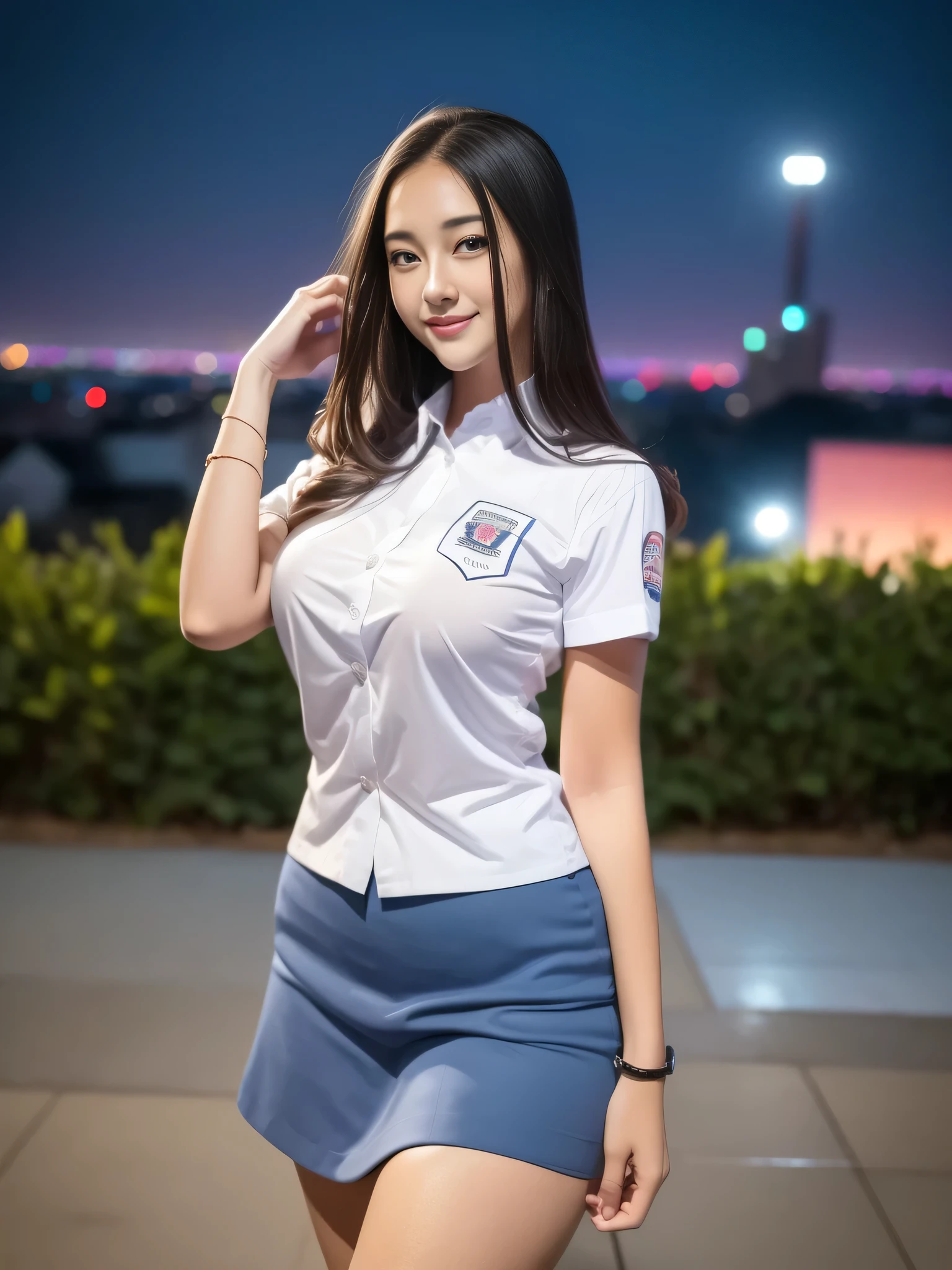 1girl, (uniform), standing, outdoors, night view, detailed Metropolitan city at the background, detailed face, little smile, detailed eyes, big breasts, smooth realistic skin, semi-curvy body, tide white shirt, grey blue mini skirt, looking at the audience, (8k, RAW photo, best quality, masterpiece: 1.2), (realistic, realistic: 1.37), ultra-high resolution