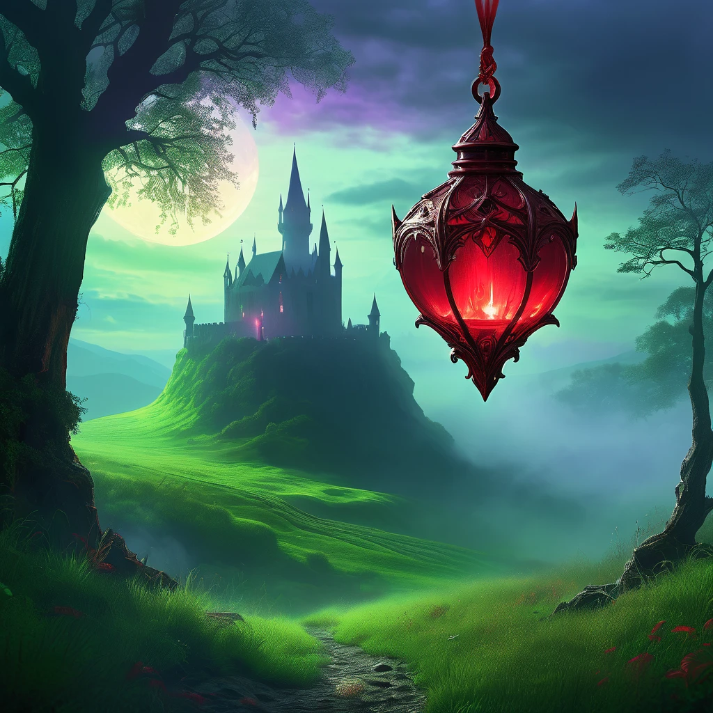 A mystical red pendant lies nestled in the wild grass of a medieval fantasy landscape. The pendant glows softly with an ethereal light, its crimson hue contrasting vividly with the lush green blades around it. The grass is tall and untamed, swaying gently in the breeze under a twilight sky. Ancient runes are faintly visible on the pendant, hinting at its magical origins. The background features a distant medieval castle shrouded in mist, adding to the mysterious and enchanting atmosphere.