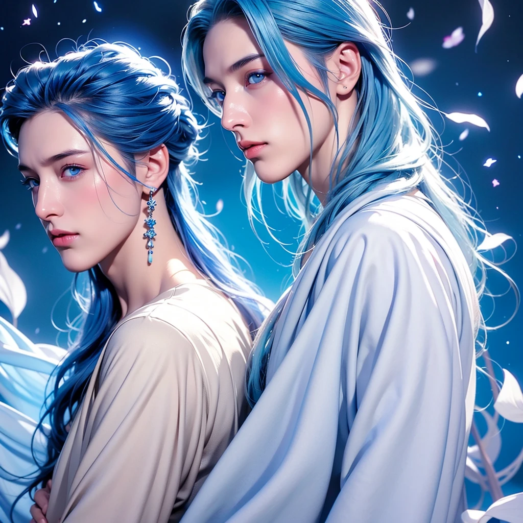 Man, male, young, boy, long hair, blue hair, blue toxedo,man, male, blue eyes , groomsmen, alone.white translucent glowing blue hair. Close up,heatld to waist,white skin