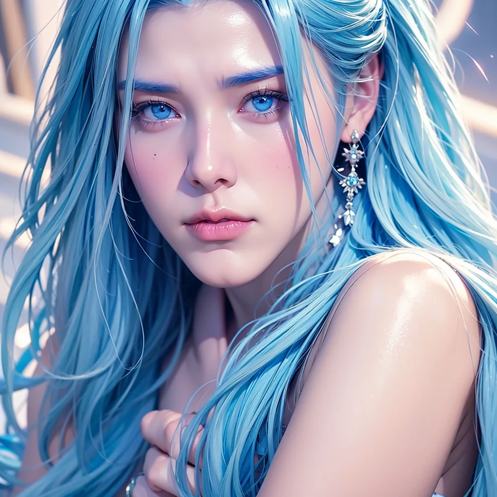Man, male, young, boy, long hair, blue hair, blue toxedo,man, male, blue eyes , groomsmen, alone.white translucent glowing blue hair. Close up,heatld to waist,white skin