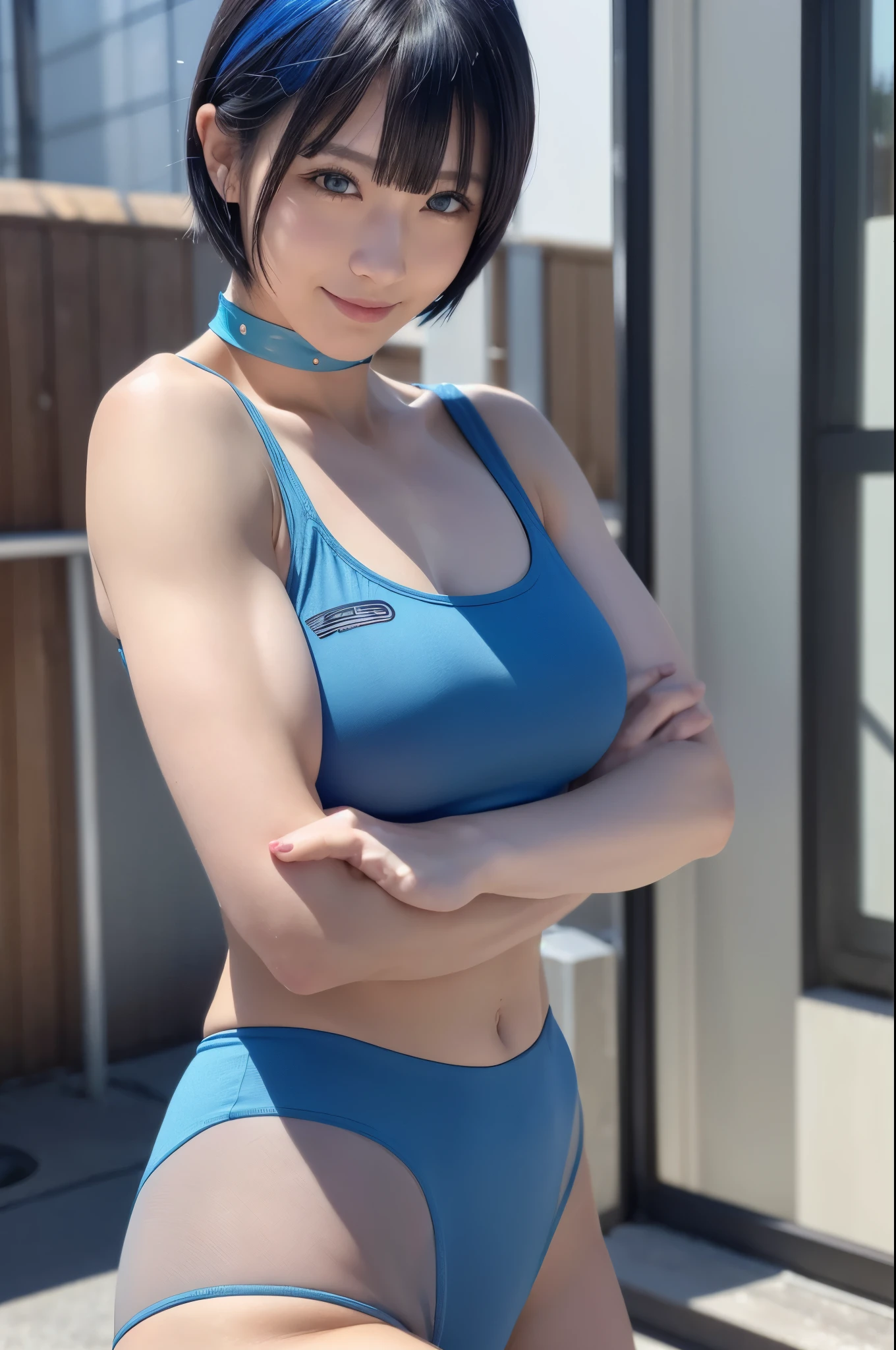 ((high resolution)), athletic, defined muscles, ((pale skin)), freckled, brunette  girl, with blue eyes, wavy pixie haircut, ((large breasts)), wearing , light brown hair