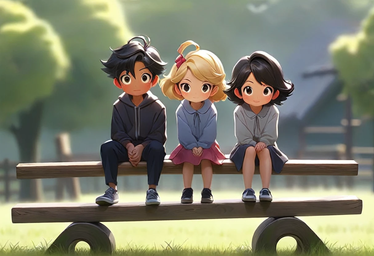2people、One side is down、Sitting facing each other on a seesaw、2people、I'm facing、present、present交換、一peopleがpresentを恥ずかしそうにpresentを渡してる、presentを渡してる、presentを喜んでいる、もう一peopleが嬉しそうに喜んでいる笑顔