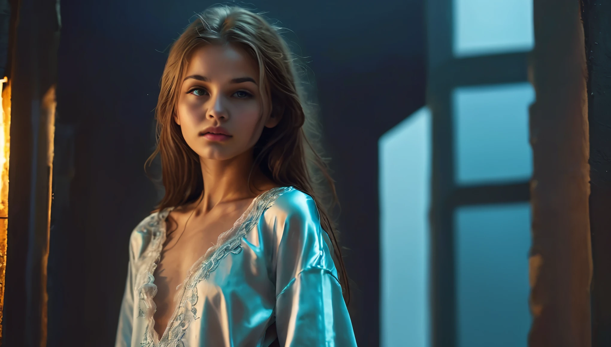 Top Quality, Masterpiece, High Resolution, 8k, (((cute skinny barely legal girl in oversized silky nightgown with plunging neckline, wide neckline, deep neckline, small perky breasts, beautiful detailed eyes, beautiful detailed lips, small closed mouth, extremely detailed face, randowm long hair style, small hips))), cyberpunk apartment, moody atmosphere, dramatic and random neon colors, futuristic setting, intricate details, at night, backlit, random neon color, full body shot, view from distance 