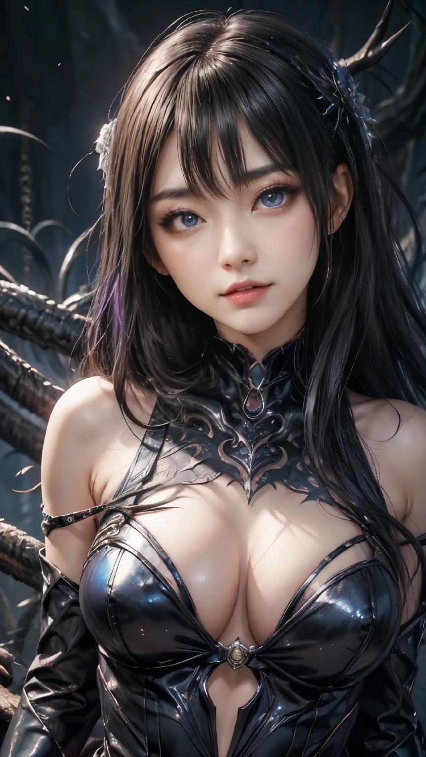 強力なスーパーevil女がクローズアップでポーズをとる, Black Goddess (Exposing shoulders), length, Flowing purple hair, View your audience, Highly detailed face, Perfect hands, Blue smoke swirling around her, evil事を愛する, Captivating blue eyes, Dark fantasy, Genuine, Symmetric, Attention to detail, Esoteric arachnids lady, Spider Queen Elise, League of Legends, Esoteric arachnids, Combat Stance, ( body formed from metallic mauveine and metallic black liquid metallic paint twisting into a beautiful interpretation of the female figure), length, Sharp Fangs, nature, ((Complex metallic colors in the foreground)), (( Fluid Mechanics, The most beautiful smooth scale face makeup, Smirking expression)) - Dark blood, Onyxia、Noir painting of a beautiful young witch, length purple hair, dark purple lips, evil, evil female, smile, Black Prom Dress, She is coming to you, close, Bright Blue Eyes, Surrounded by swirling pink smoke, Genuine, Attention to detail, Highest quality、A beastly demon wields a vicious blade, Blood Chain, Behemoth Bones, Snake-like tentacles, Cruel Teeth, Expressions of madness, Oppressive Dungeon. 8K Vision Reveals Fear, Ultra HD detail makes monsters stand out, Grotesque shadows dance, The creature whispers, Stifling atmosphere, Vision problems, Visible Madness. blade, evil意の閃光が輝く, reflect (Light) Beyond the Darkness, Elucidate (Sharp details) and、Add a dizzying dimension to the impending chaos.