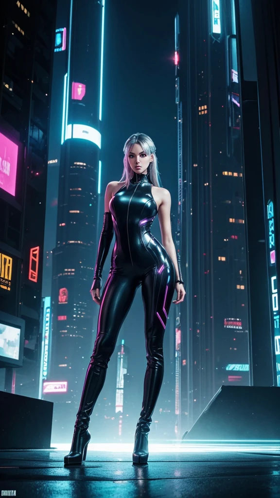 ((Full body photo, standing, feet on the floor))  "Create an image of Electra, the AI-generated model, standing confidently in a cyberpunk-inspired outfit – a metallic silver jumpsuit hugging her figure, paired with thigh-high black boots. The backdrop is an urban cityscape with vibrant neon lights, enhancing the futuristic vibe. Ensure the pose reflects a perfect blend of strength and elegance. Bring this vision to life!"