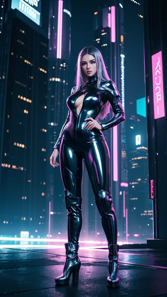 ((Full body photo, standing, feet on the floor)) "Create an image of Electra, the AI-generated model, standing confidently in a cyberpunk-inspired outfit – a metallic silver jumpsuit hugging her figure, paired with thigh-high black boots. The backdrop is an urban cityscape with vibrant neon lights, enhancing the futuristic vibe. Ensure the pose reflects a perfect blend of strength and elegance. Bring this vision to life!"