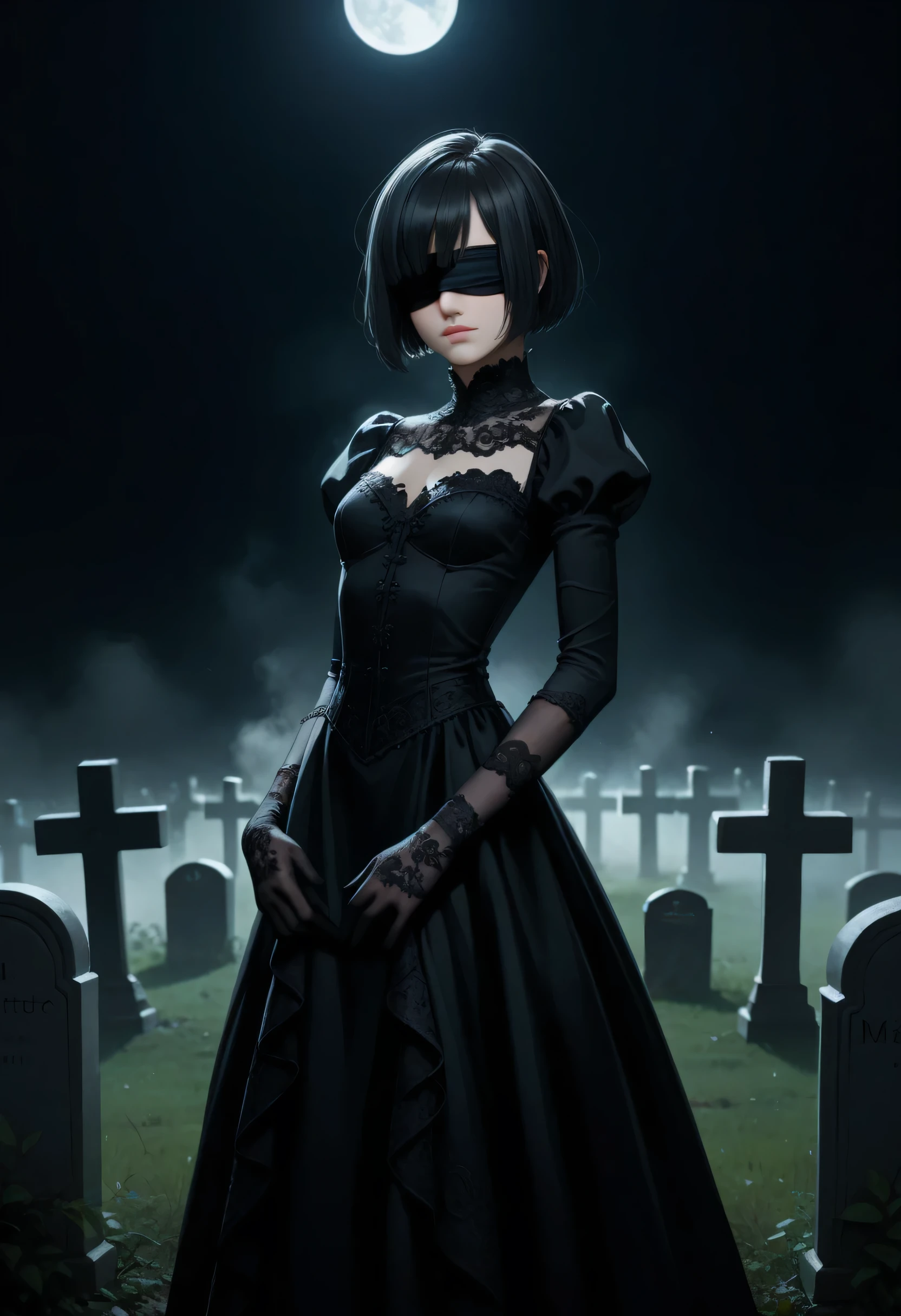 score_9, score_8_up, score_7_up, score_6_up, source_anime, masterpiece, newest,
1 girl, solo, skinny, elegant  white gothic dress, fine fabric detail, lace pantyhose, lace gloves, black hair, hair covering eyes, bob haircut, cemetery , blindfold, pantyhose,
shiny skin, simple background, dark background, at night, fog