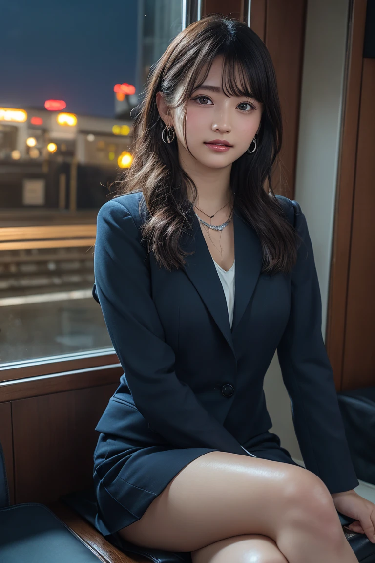 ((Upper Body))、(masterpiece:1.3), High resolution, Very detailed, Highly detailed CG Unity 8K wallpapers, Realistic, photo-Realistic, RAW Photos, Beautifully detailed face, Pale skin, Realistic glistening skin, Detailed cloth texture, Detailed hair texture, Perfect Style, Beautiful Face, Accurate, Anatomically correct, Very detailed顔と肌の質感, fine grain, Brown eyes, double eyelid, Thin eyebrows, (Droopy eyes:0.65), (Glitter Eyeliner:1.2), Natural Cheeks, Glowing Skin, (Fair skin:1.2), Shiny necklace and earrings, (Glossy Lips: 1.4), 
break
 (Classy and cute girl:1.3), (High ponytail hairstyles, Wavy Hair, Dark brown hair), (Captivating smile:1.2) (Wear an elegant business suit:1.3), (Black Stockings), Medium large breasts, 
break
 ((Cowboy Shot:1.2)), (Cross-legged sitting pose:1.4), At the train door, ((Night city view:1.2)),