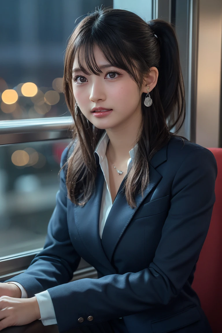 ((Upper Body))、(masterpiece:1.3), High resolution, Very detailed, Highly detailed CG Unity 8K wallpapers, Realistic, photo-Realistic, RAW Photos, Beautifully detailed face, Pale skin, Realistic glistening skin, Detailed cloth texture, Detailed hair texture, Perfect Style, Beautiful Face, Accurate, Anatomically correct, Very detailed顔と肌の質感, fine grain, Brown eyes, double eyelid, Thin eyebrows, (Droopy eyes:0.65), (Glitter Eyeliner:1.2), Natural Cheeks, Glowing Skin, (Fair skin:1.2), Shiny necklace and earrings, (Glossy Lips: 1.4),
break
(Classy and cute girl:1.3), (High ponytail hairstyles, Wavy Hair, Dark brown hair), (Captivating smile:1.2) (Wear an elegant business suit:1.3), (Black Stockings), Medium large breasts,
break
((Cowboy Shot:1.2)), (Cross-legged sitting pose:1.4), At the train door, ((Night city view:1.2)),