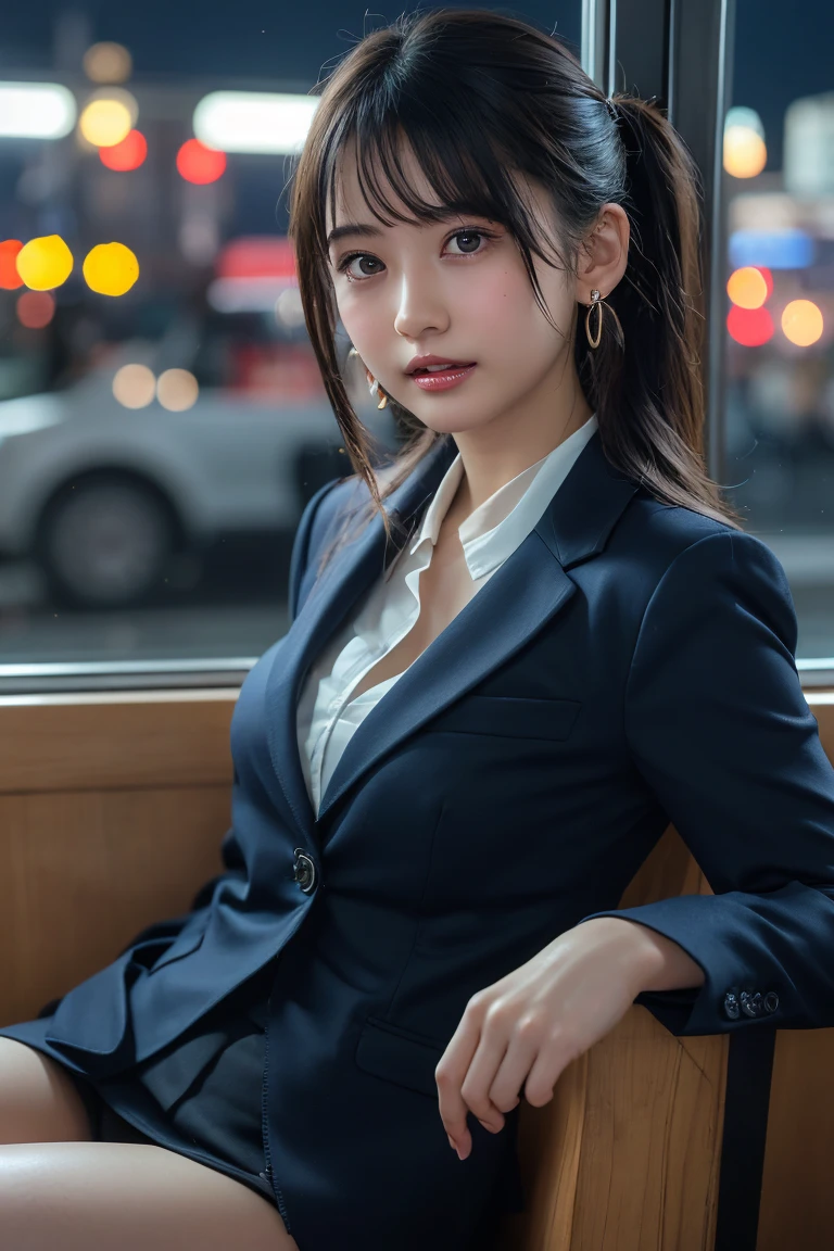 ((Upper Body))、(masterpiece:1.3), High resolution, Very detailed, Highly detailed CG Unity 8K wallpapers, Realistic, photo-Realistic, RAW Photos, Beautifully detailed face, Pale skin, Realistic glistening skin, Detailed cloth texture, Detailed hair texture, Perfect Style, Beautiful Face, Accurate, Anatomically correct, Very detailed顔と肌の質感, fine grain, Brown eyes, double eyelid, Thin eyebrows, (Droopy eyes:0.65), (Glitter Eyeliner:1.2), Natural Cheeks, Glowing Skin, (Fair skin:1.2), Shiny necklace and earrings, (Glossy Lips: 1.4),
break
(Classy and cute girl:1.3), (High ponytail hairstyles, Wavy Hair, Dark brown hair), (Captivating smile:1.2) (Wear an elegant business suit:1.3), (Black Stockings), Medium large breasts,
break
((Cowboy Shot:1.2)), (Cross-legged sitting pose:1.4), At the train door, ((Night city view:1.2)),