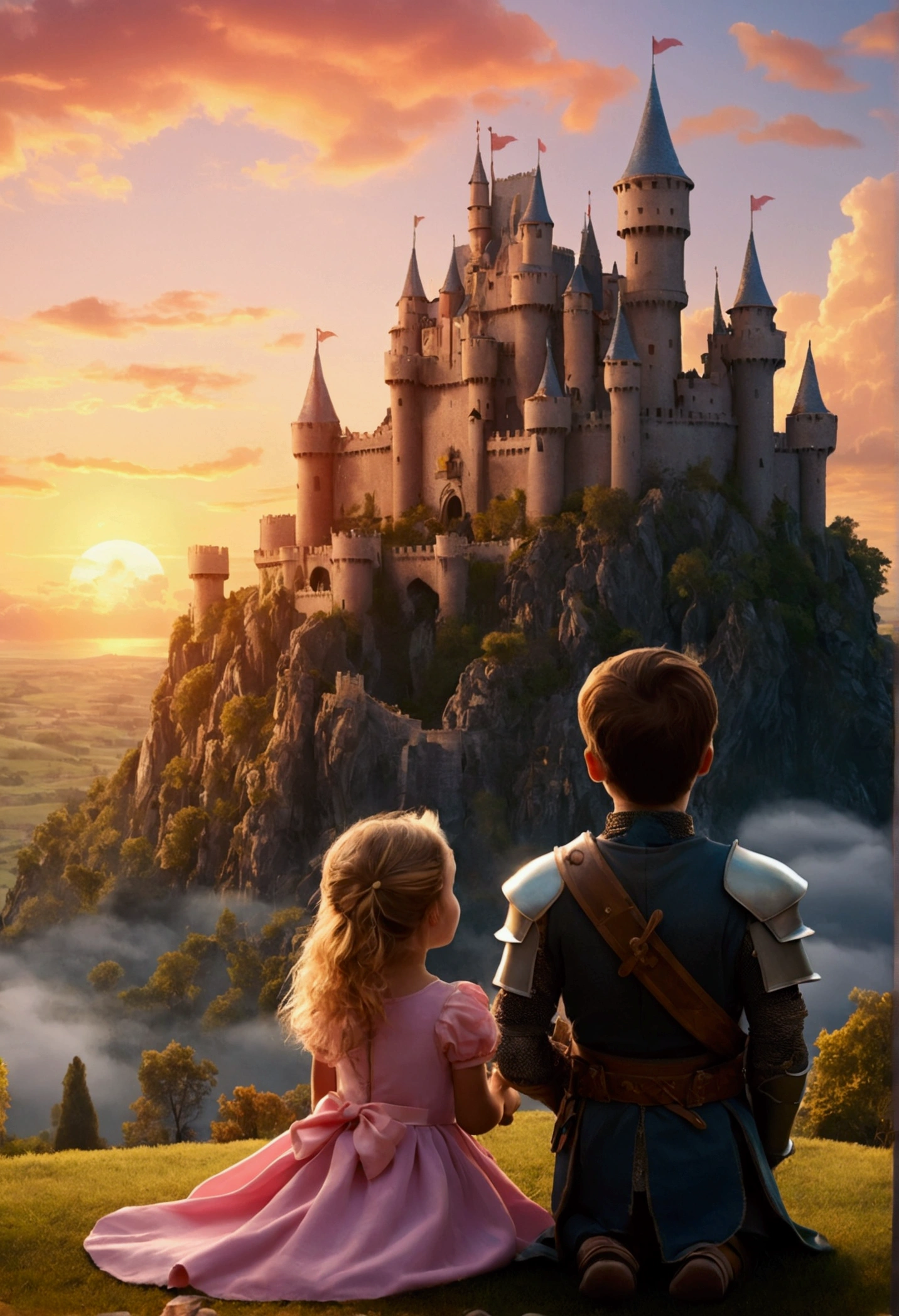 A little princess and a knight look at a castle in the sky at sunset