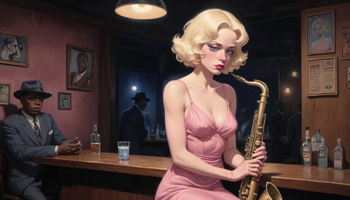 robert johnson, gritty, alabama bar, blue note, charismatic , pink dress, illustration, noir fantasy, lone blonde lady, sad ending, saxophonist