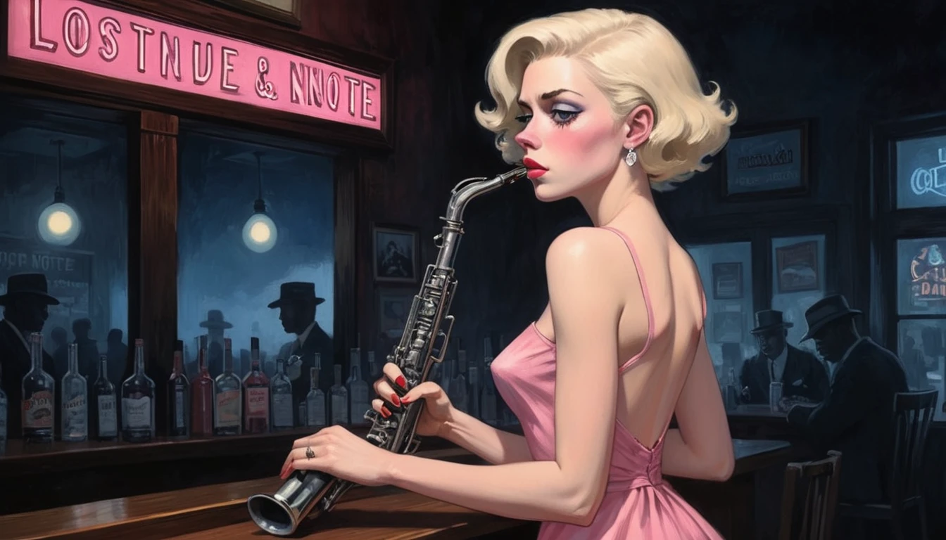 robert johnson, gritty, alabama bar, blue note, charismatic , pink dress, illustration, noir fantasy, lone blonde lady, sad ending, saxophonist