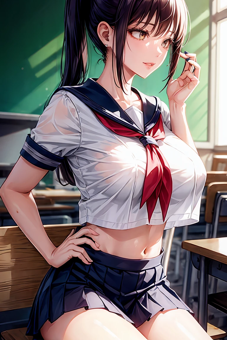 Makima (Chainsaw Man), woman, sexy woman, mature female, mommy, sharp eyes, detailed lips, big breast, short sleeves sailor uniform, sexy sit, classroom, teasing smile, seductive lips, adjusting hair, short skirt, hunter eyes, looking back, midriff peek, earrings , high pony tail 