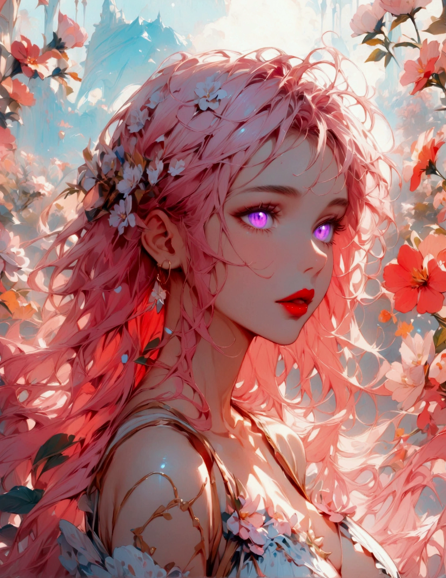 (best quality at best, 8k, a high resolution, masterpiece:1.2), digital artwork, one girl, detailed face, detailed eyes, pink hair, long straight hair, glowing purple eyes, red lips, suspenders, fantasy landscape, vibrant colors, soft lighting, whimsical atmosphere, blooming flowers, flowing dress, delicate details, ethereal background, dreamy aura、((Big Tits))、squat、M-shaped legs
