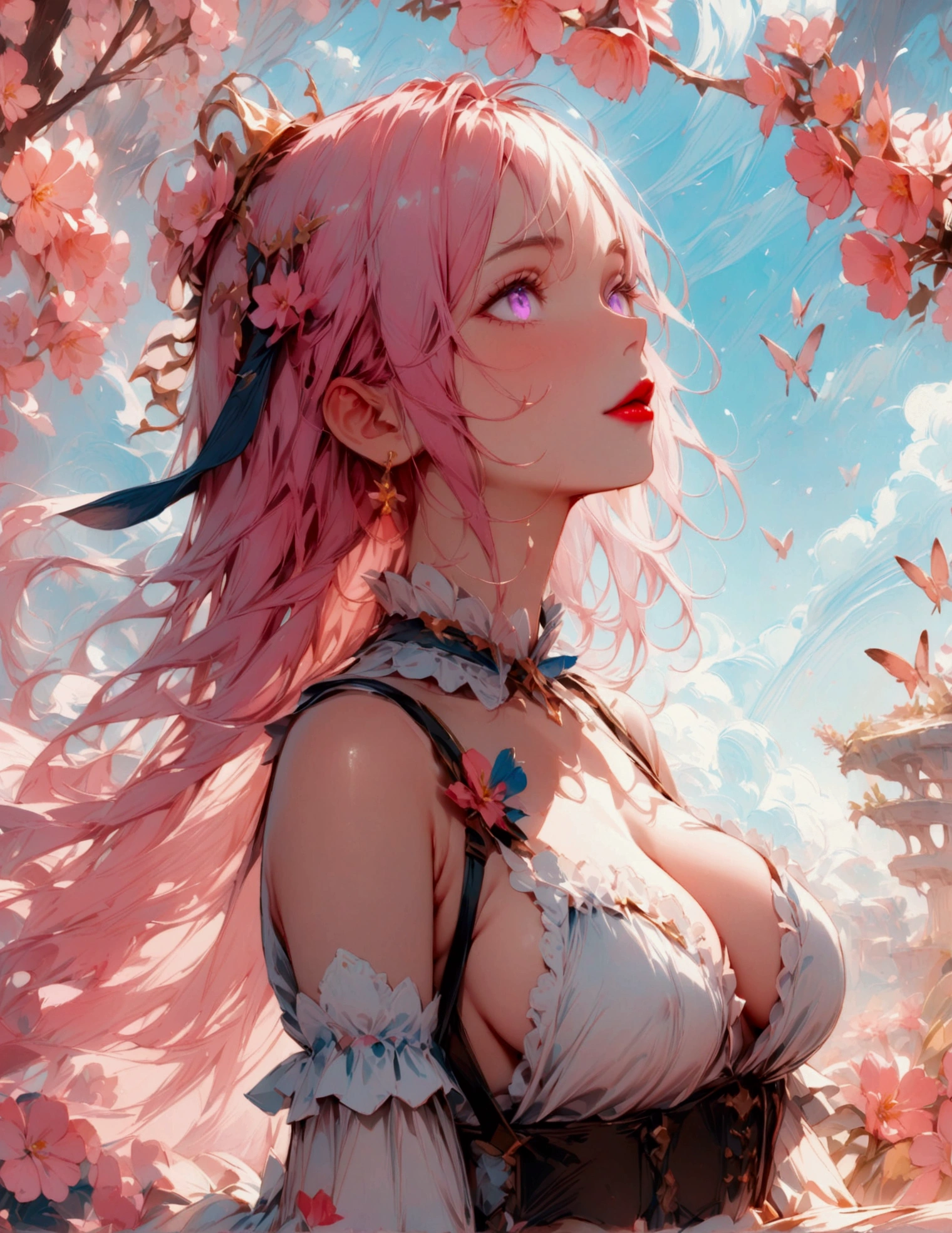 (best quality at best, 8k, a high resolution, masterpiece:1.2), digital artwork, one girl, detailed face, detailed eyes, pink hair, long straight hair, glowing purple eyes, red lips, suspenders, fantasy landscape, vibrant colors, soft lighting, whimsical atmosphere, blooming flowers, flowing dress, delicate details, ethereal background, dreamy aura、((Big Tits))、squat、M-shaped legs