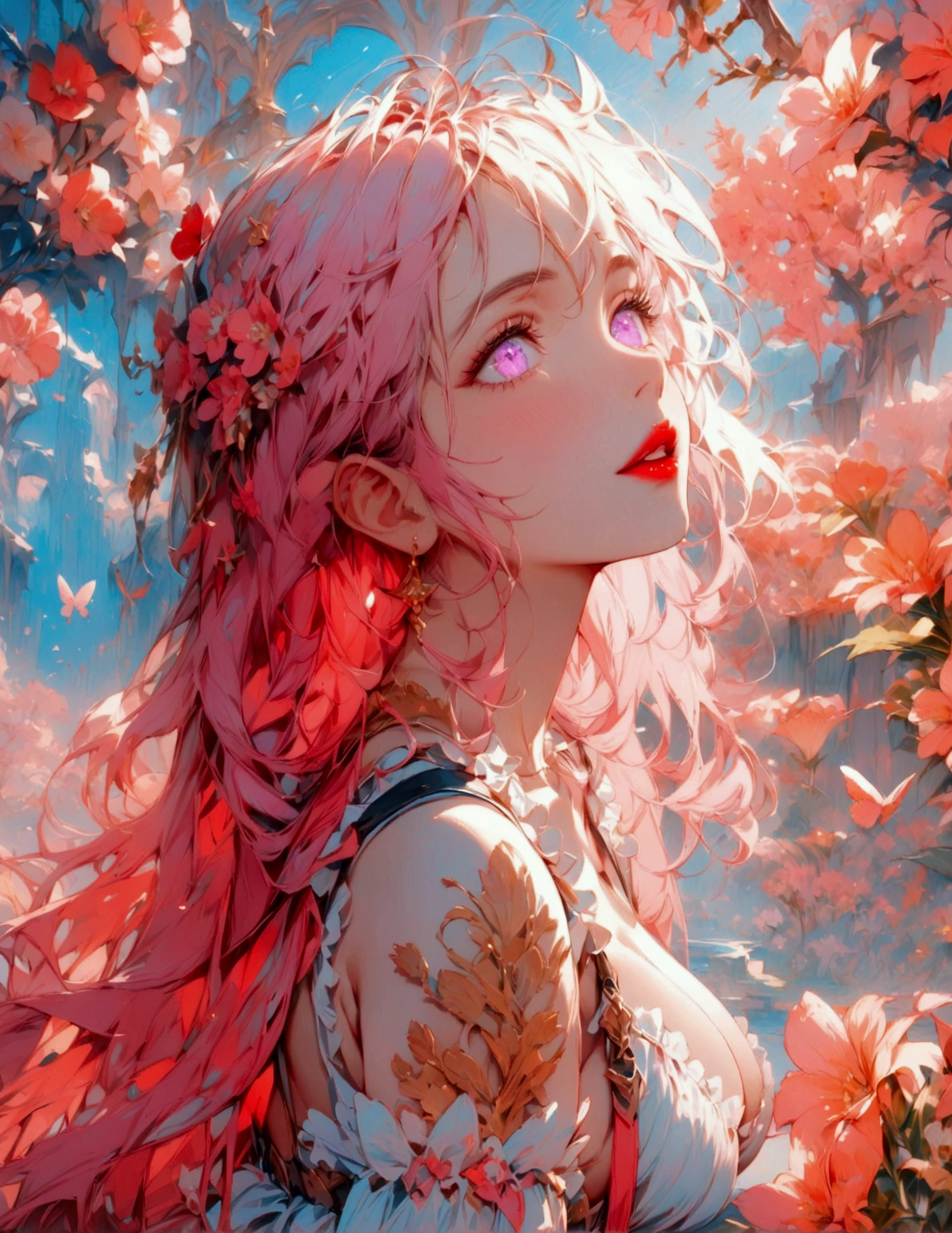 (best quality at best, 8k, a high resolution, masterpiece:1.2), digital artwork, one girl, detailed face, detailed eyes, pink hair, long straight hair, glowing purple eyes, red lips, suspenders, fantasy landscape, vibrant colors, soft lighting, whimsical atmosphere, blooming flowers, flowing dress, delicate details, ethereal background, dreamy aura、((Big Tits))、squat、M-shaped legs