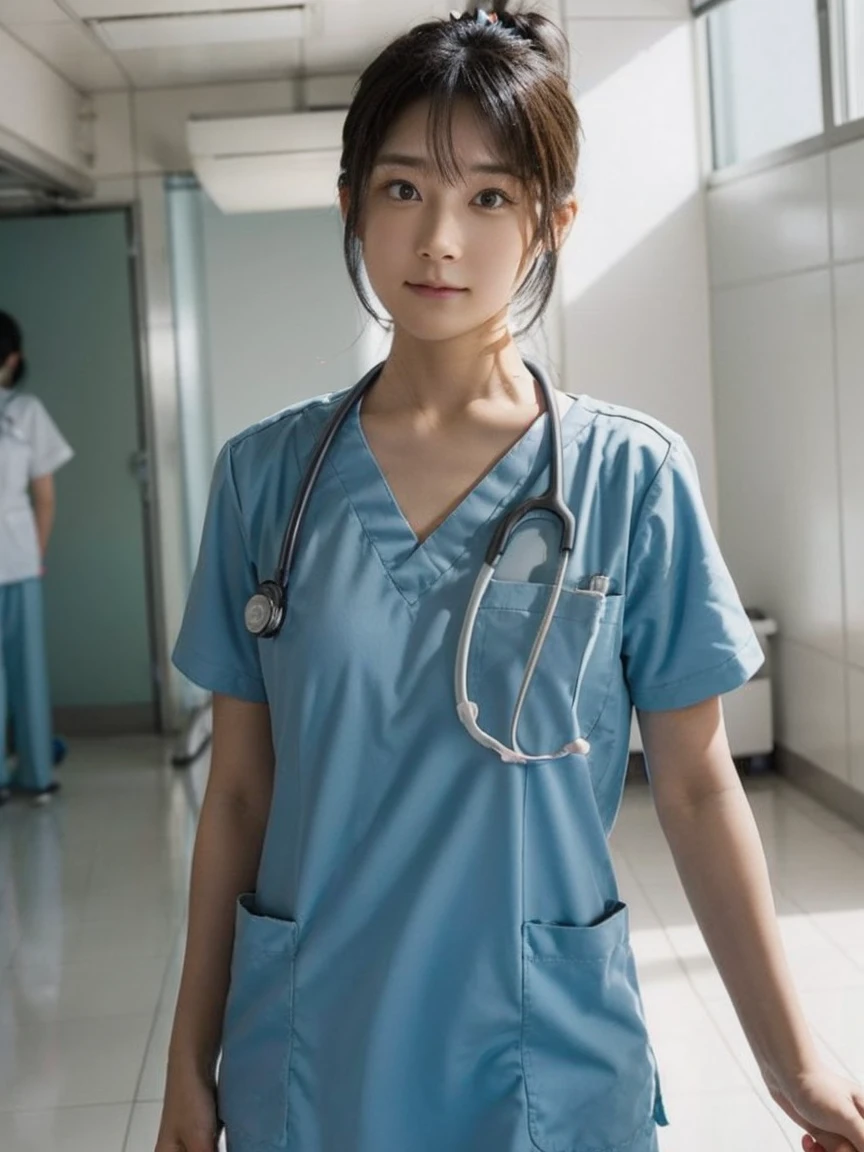 girl, alone, Bun Hair, Medical scrub、White scrub、Female nurse、Hold in hand、Short sleeve、Long trousers、Name tag, (ID card)、strap, (Stethoscope)、Hospital corridor、Warm lighting、sense of cleanliness