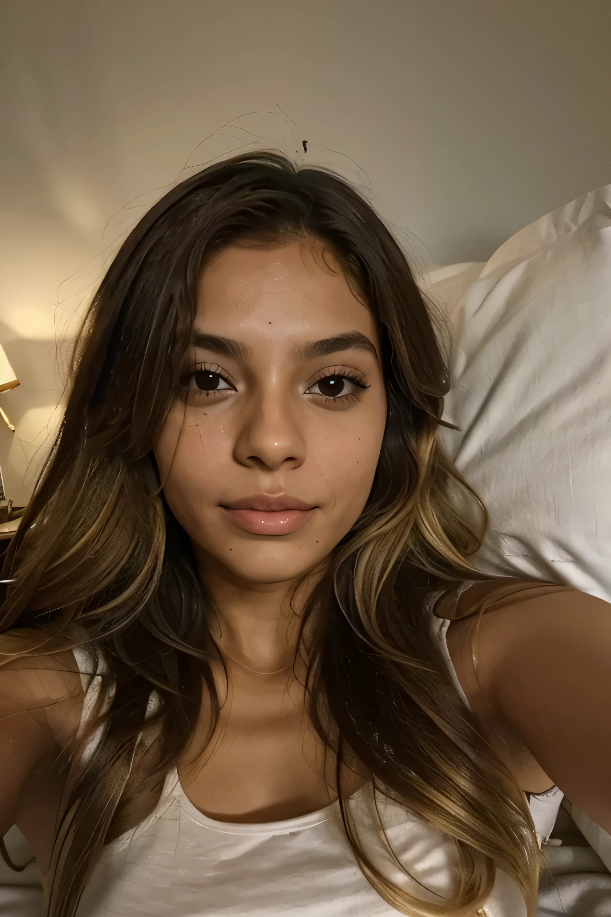 23 year old Mexican girl, dark brunette 8.5, regular build, Almond eyes, (((((small person))) pechos medianos, hair straightened, natural lighting, acostada en la cama, selfie, (((aspecto sensual))) close-up, topless, cara redonda, lying face down 