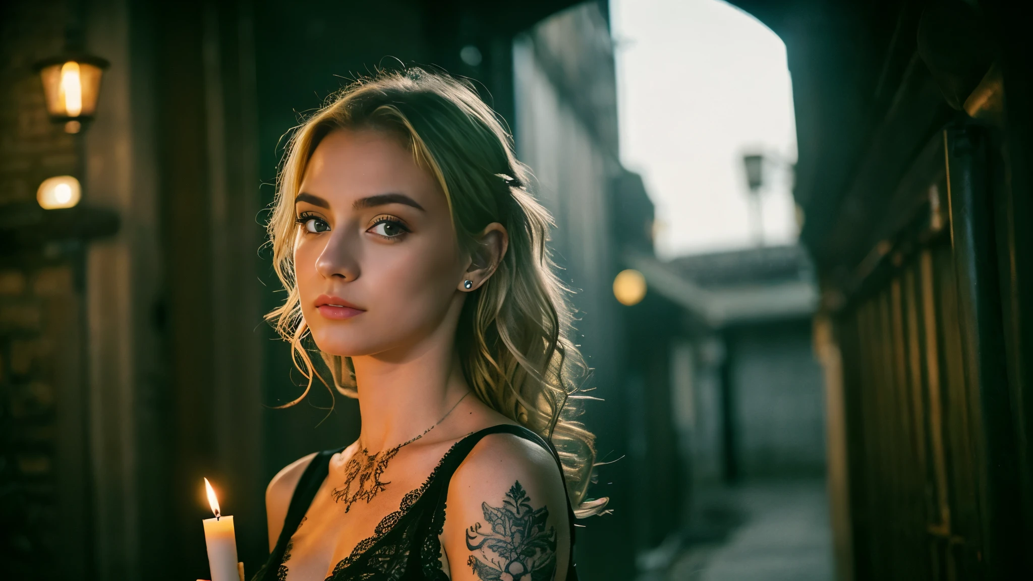 tatuados,Beautiful blonde with big breasts in a black suit、(Back tattoo、Many tattoos on both arms and neck)、 (Late night back alley、walk),Candlelight only,Very detailed, 21 years old, Innocent face, Wavy Hair, blue eyes, High resolution, masterpiece, Highest quality, Intricate details, Very detailed, Clear focus, Delicate skin, practical skin texture, texture, Delicate eyes, Professional, 4K, Sad face,despair、 Shot with Canon, 85mm, Shallow and deep,  Kodak Vision Color, Exactly, Very detailed, photograph_\(Extremist\), photographpractical, practical, Post-processing, Maximum details, Roughness, Real Life, Extremist practical, Photorealism, photographgraphy, 8K Ultra HD, photographgraphy