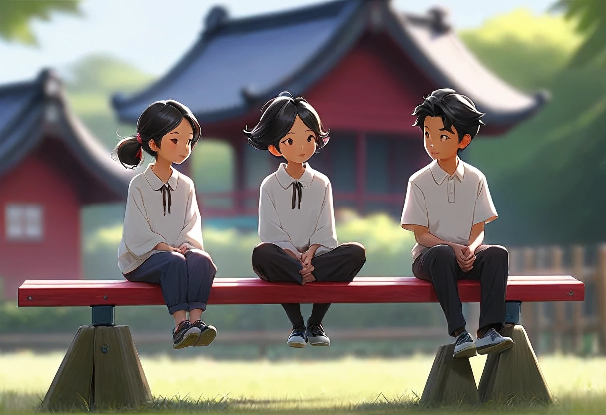 2people、One side is down、Sitting facing each other on a seesaw、2people、I'm facing、present、2people、present交換、一peopleがpresentを恥ずかしそうにpresentを渡してる、presentを渡してる、presentを喜んでいる、もう一peopleが嬉しそうに喜んでいる笑顔