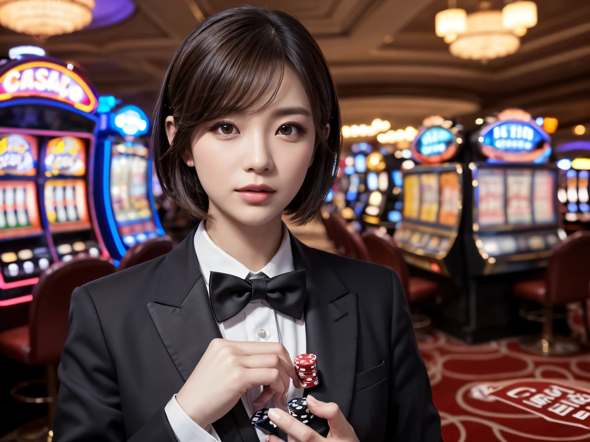 (8k, Ultra-high resolution, The best masterpiece, best quality:1.2), Extremely detailed, (Practical, photoPractical, photo-Practical:1.37), HDR, Ultra HD, Casino lights, Super Fine, Clear focus, Extremely detailed的描述, professional, Bright colors, Bokeh, portrait, 1 girl, ((short hair)), (casino荷官),((casino)),Tuxedo,Vest,jacket,tie, 8k Ultra HD, high quality, CG unity, C4D Rendering, 3D Rendering 