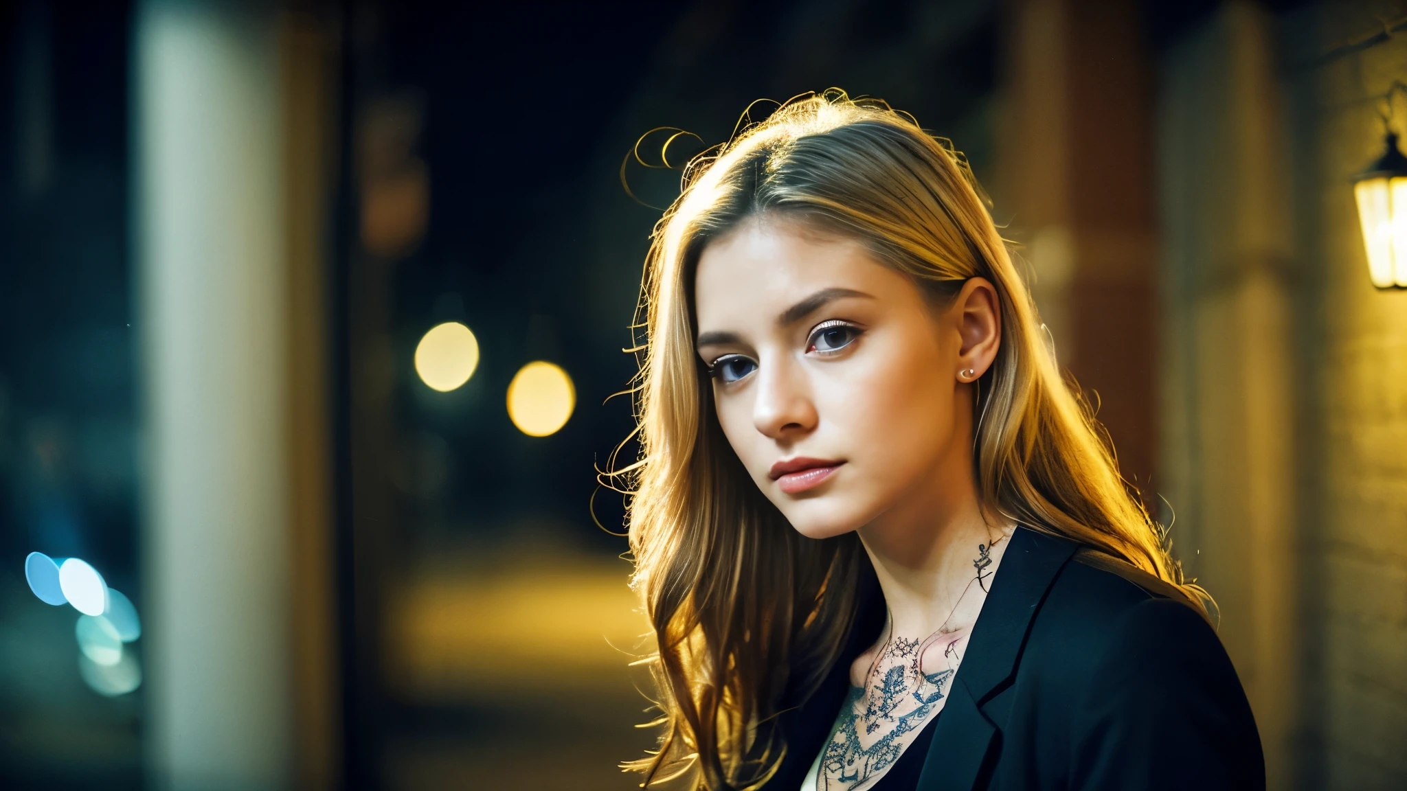 tatuados,Beautiful blonde with big breasts in a black suit、(Back tattoo、Many tattoos on both arms and neck)、 (Late night back alley、walk),Candlelight only,Very detailed, 21 years old, Innocent face, Wavy Hair, blue eyes, High resolution, masterpiece, Highest quality, Intricate details, Very detailed, Clear focus, Delicate skin, practical skin texture, texture, Delicate eyes, Professional, 4K, Sad face,despair、 Shot with Canon, 85mm, Shallow and deep, Kodak Vision Color, Exactly, Very detailed, photograph_\(Extremist\), photographpractical, practical, Post-processing, Maximum details, Roughness, Real Life, Extremist practical, Photorealism, photographgraphy, 8K Ultra HD, photographgraphy