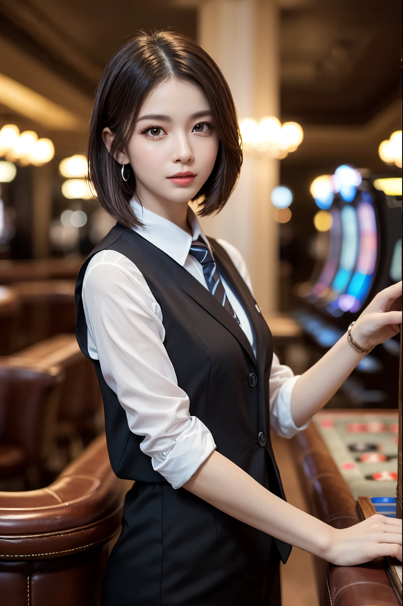 (8k, Ultra-high resolution, The best masterpiece, best quality:1.2), Extremely detailed, (Practical, photoPractical, photo-Practical:1.37), HDR, ultra HD, Casino lights, Super fine, Clear focus, Description of Extremely detailed, professional, Bright colors, bokeh, portrait, 1 girl, ((short hair)), (Casino Dealer),((casino)),Tuxedo,Vest,jacket,tie, 8k ultra HD, high quality, CG unity, C4D Rendering, 3D Rendering 