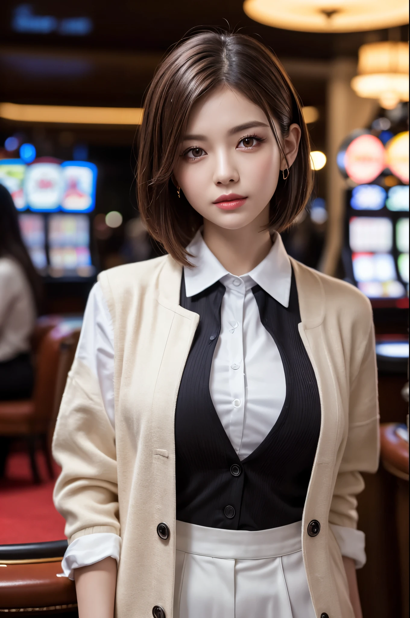 (8k, Ultra-high resolution, The best masterpiece, best quality:1.2), Extremely detailed, (Practical, photoPractical, photo-Practical:1.37), HDR, ultra HD, Casino lights, Super fine, Clear focus, Description of Extremely detailed, professional, Bright colors, bokeh, portrait, 1 girl, ((short hair)), (Casino Dealer),((casino)),Tuxedo,Vest,jacket,tie, 8k ultra HD, high quality, CG unity, C4D Rendering, 3D Rendering 