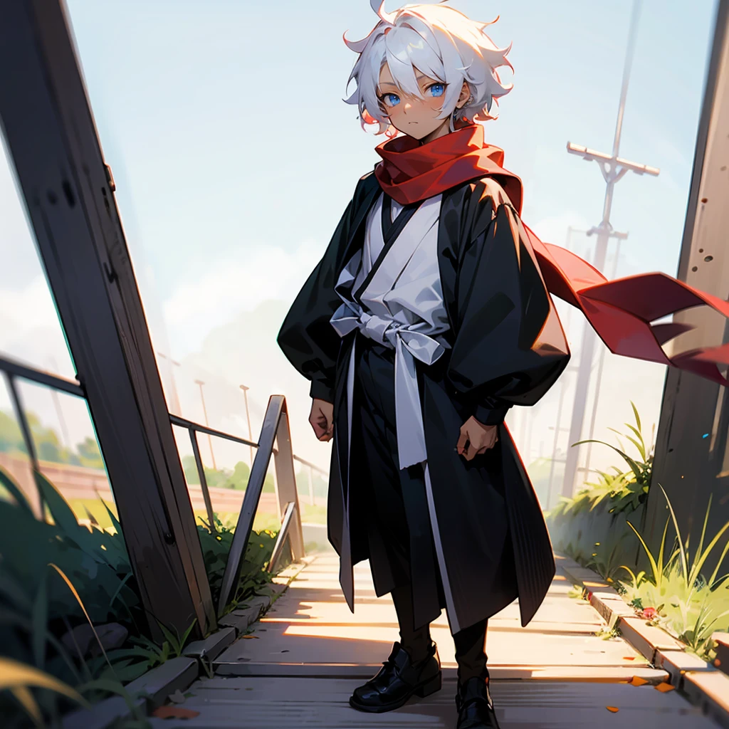 1male, Modern Undercut Hair ,Young Male, Curly White Hair , Pale Blue Eyes , Dark Skin ,White Yukata, Black Fitted Sleeves, Red Scarf , Calm Expression , Standing on Path
