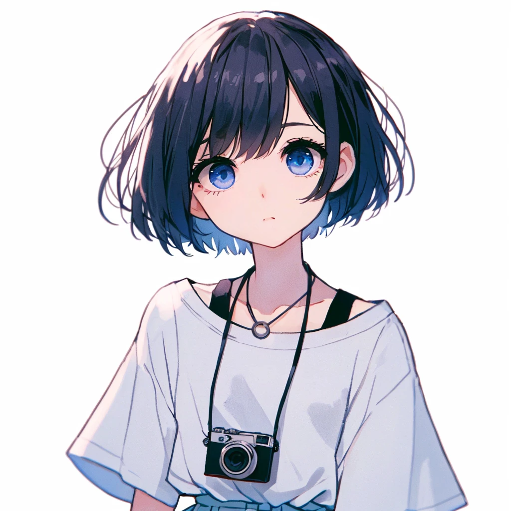 1 girl, young, human, slim figure, BREAK bob cut, short hair, hair covering right eye, dark blue hair, BREAK cute eyes, black pupils, blue iris, BREAK youthful face, BREAK anime style, flat high quality illustration, BREAK portrait, looking at viewer, BREAK casual style, light blue and white color scheme, loose T-shirt, shorts or light skirt, camera pendant accessory, BREAK white background
