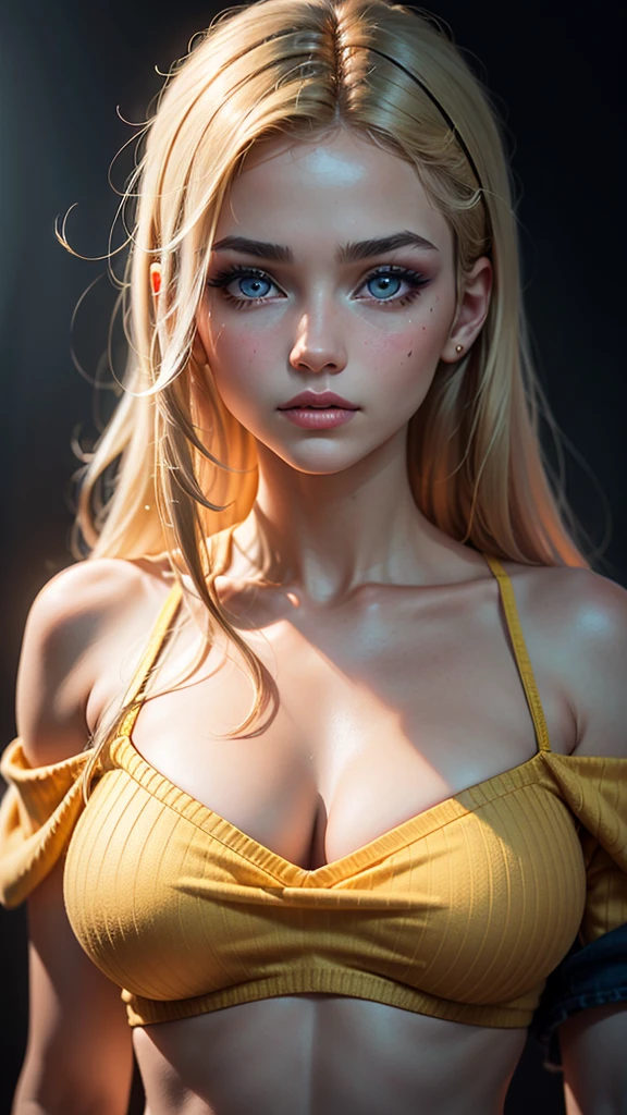 (best quality, 4k, highres, highres face details), Irish girl aged 16 yrs old, 1girl, solo, strawberry blonde hair, long hair, parted bangs, grey eyes, constricted pupils, slim build, (textured skin, skin pores:1.1), large breasts, pale skin, colorful makeup, perfect nose, thin lips, fake lashes, pretty face, cute face, wearing an off the shoulder yellow sweater, cinematic lighting, Ultra-Wide Angle, Canon, Hyperrealism, UHD, masterpiece, textured skin, realistic water texture, high details, best quality, detailed eyes, detailed iris, whole body photo, posing for the camera