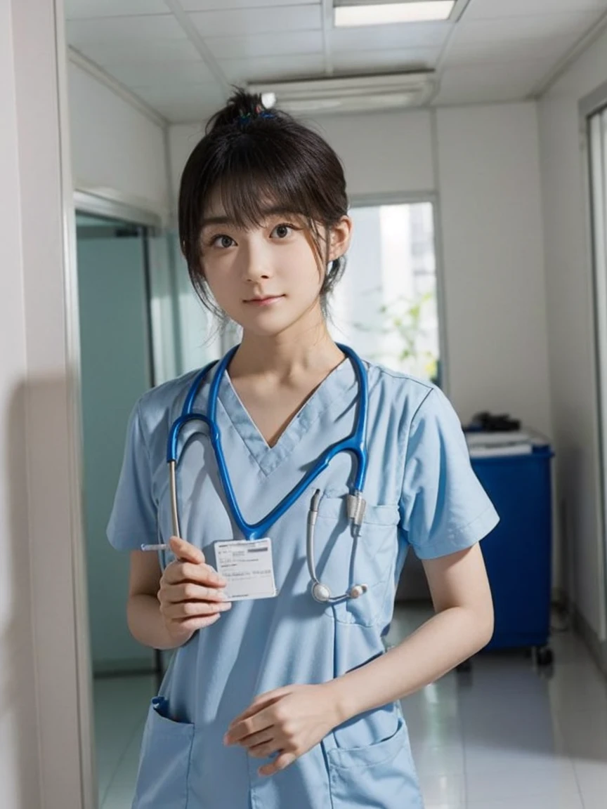 girl, alone, Bun Hair, Medical scrub、White scrub、Female nurse、Hold in hand、Short sleeve、Long trousers、Name tag, (ID card)、strap, (Stethoscope)、Hospital corridor、Warm lighting、sense of cleanliness