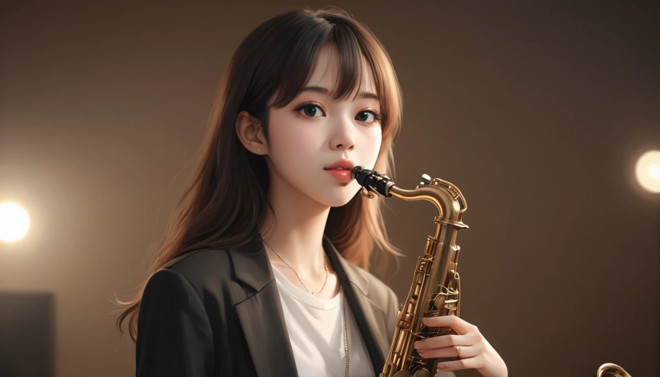 realistic ,masterpiece, best quality, girl, woman, saxophone player, highres, portrait, photo_light, {{}}, ulzzang-6500-v1.1:0.9