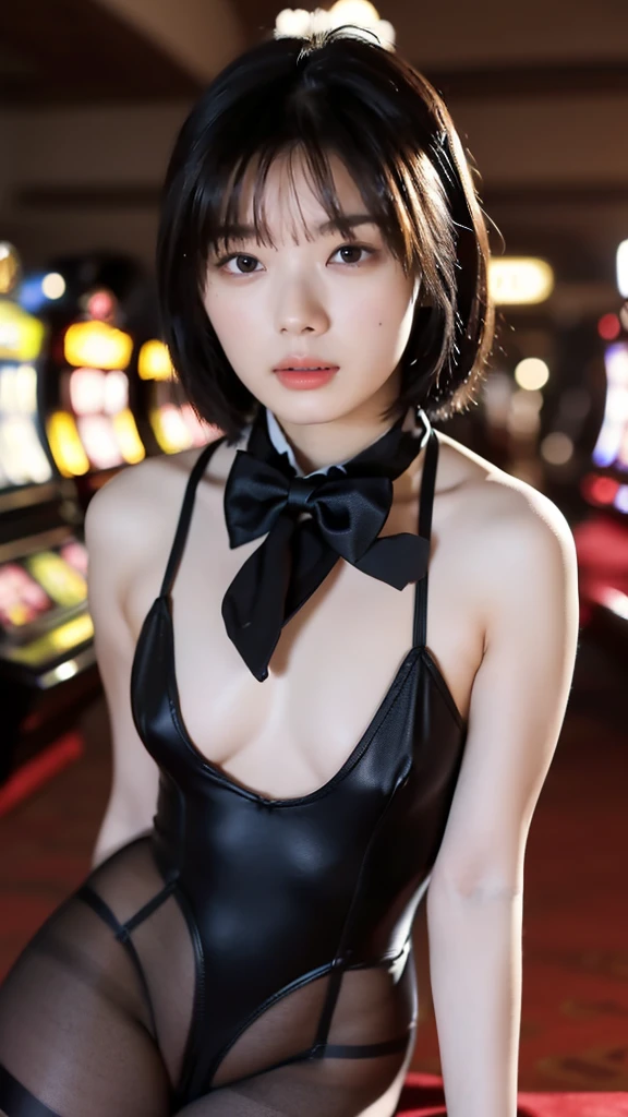 (at casino, 1 girl, curvy, teenage girl, short stature, flat chest, playboy bunny, black pantyhose, bow tie, wrist cuffs, black leotard, medium bob hair, brown hair, sexy pose:1.5), fair-skinned, glossy lips, body type, delicate and sexy clavicle, highest quality, RAW photo, realistic, face, incredibly ridiculous beautiful girl, cute, Depth of bounds written, High resolution, ultra detail, detailed, Very detailed, extremely detailed eye and face, sharp pupils, sharp focus