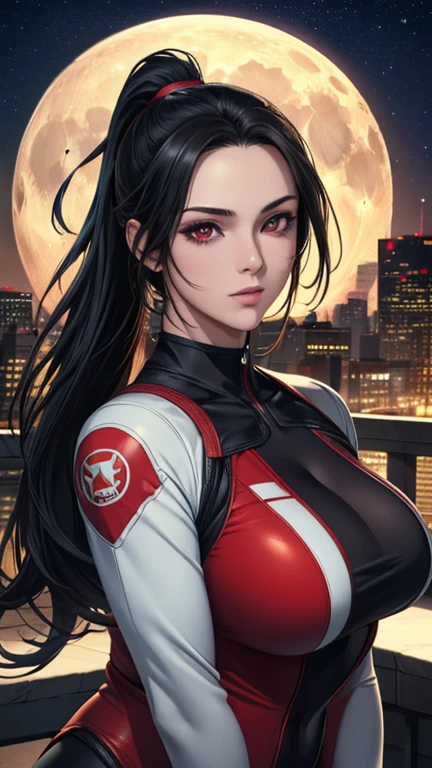 red eyes, (highest quality, masterpiece painting:1.3), immature woman, ************, (half body shot), masterpiece, ultra high resolution, (Photoreal:1.0), black hair, ponytail, straight hair, beautiful shining hair, white and shining skin, ((Ultra realistic details)), octane rendering, highly detailed face, (big breasts:0.8), complete pilotsuit, adjusted pilotsuit, (red pilotsuit),cleavage, perfect body, soft skin, anime face, perfect face, perfect eyes, looking at the viewer, smart, deep in the night, Moon Night, The rooftop of a building overlooking the city, Night sky with the moon shining, photon mapping, Radio City, ((fantastic night)), ((outdoors)), sharp focus, intricate details, professional artwork, (bright colors:1.1), bright colors, diffused lighting, digital blending, ultra-definition body, ultra detail hair, super detailed face, that&#39;It&#39;s trending on pixiv, top button open, Cute gaze, compensate, perfect lips, perfect compensate, Ultra-precision coating,  (glare :1.0)