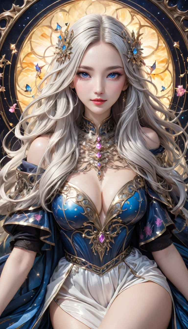 8K resolution, masterpiece, Highest quality, Award-winning works, unrealistic, From above, erotic, sole sexy lady, healthy shaped body, 22 years old, black mage, 165cm tall, huge firm bouncing busts,, white silver long wavy hair, Detailed facial depictions, BREAK, Mysterious blue eyes, Standard nose, Eyeliner, pink lips, sexy long legs, Clear skin, holy knight, Gothic ruffle long dress, A dress with a complex structure, Seven-colored colorful dress, Clothed in flames, royal coat of arms, elegant, Very detailed, Delicate depiction of hair, miniature painting, Digital Painting, art station concept art, Smooth, Sharp focus, shape, art jam、Greg Rutkowski、Alphonse Mucha's、William Adolphe Bouguereau、art：Stephanie Law , Royal Jewel, nature, Symmetric, Greg Rutkowski, Charlie Bowwater, Unreal, surreal, Dynamic Lighting, Fantasy art, Complex colors, Colorful magic circle, flash,  A kind smile, Mysterious Background, Aura, A gentle gaze, BREAK, Small faint lights and flying fireflies, night, lanthanum, From above, looking down on the world below, Starry Sky, milky way, nebula, shooting star、((squat:1.3、M-shaped legs))