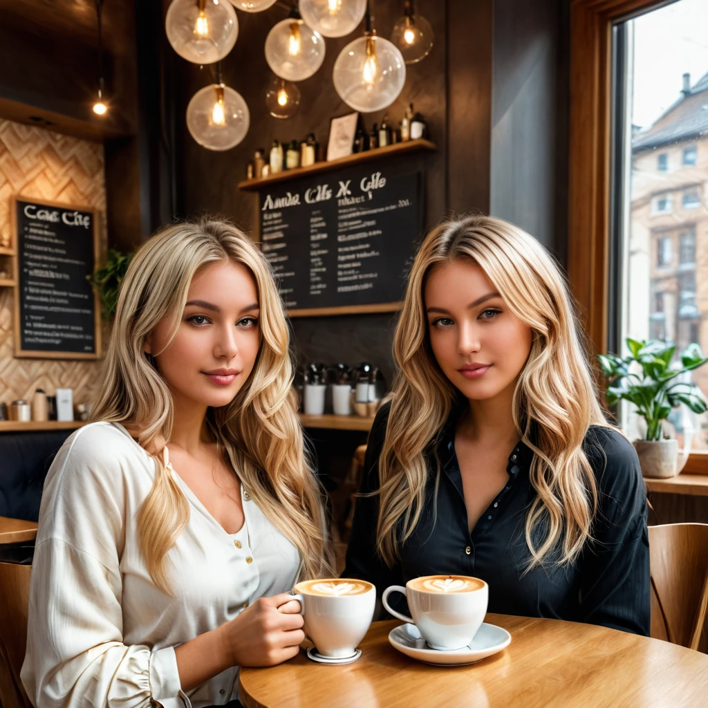 Anikaxxx sitting at a cozy café, enjoying a cup of coffee with a blonde friend, in a warm and inviting café setting with natural light. The friend has blonde hair and a different style from Anikaxxx.